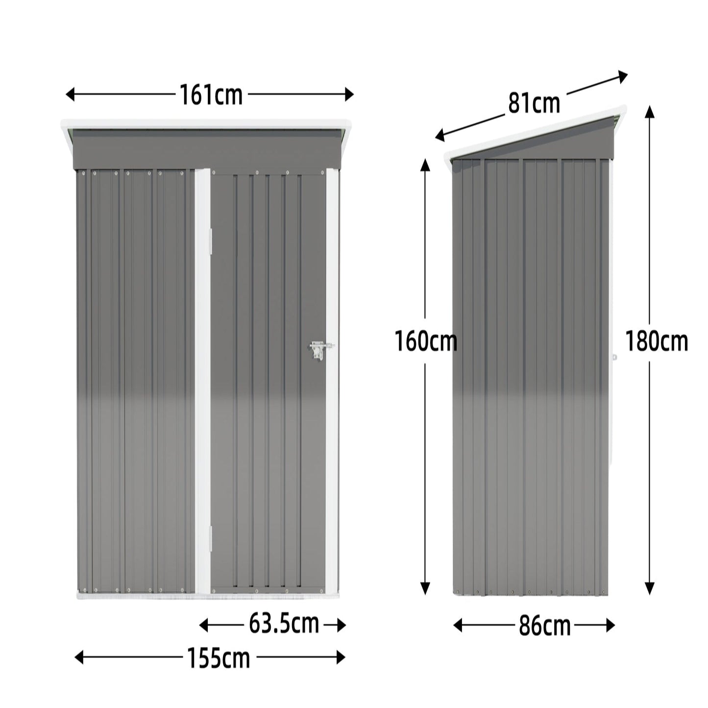 Gray Large Metal Tool Shed with Sloping Roof, Lockable Door, 155x86x180cm for Garden, Terrace & Lawn
