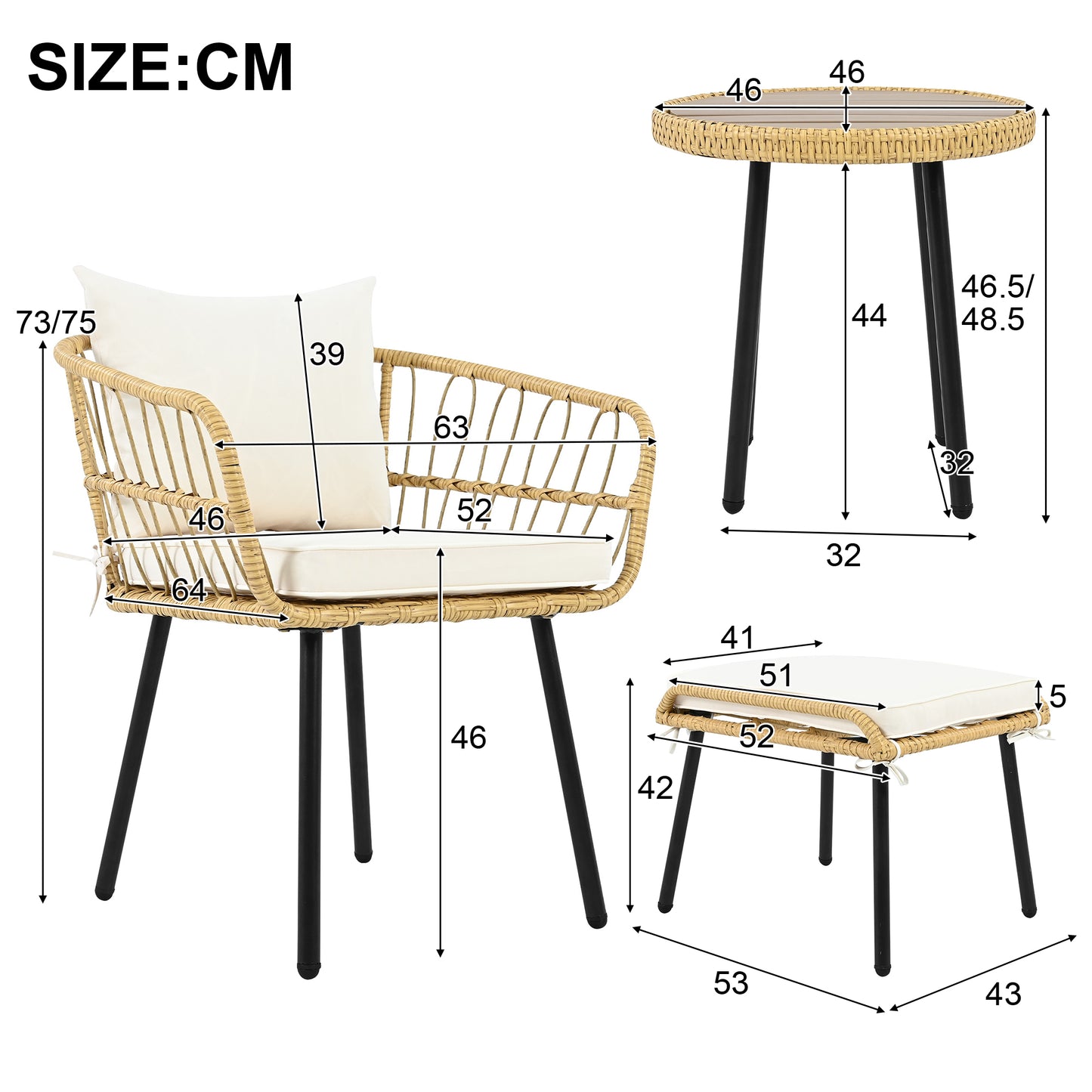5-piece garden lounge set, including 1 dining table, 2 chairs, 2 stools, furniture, rattan, natural