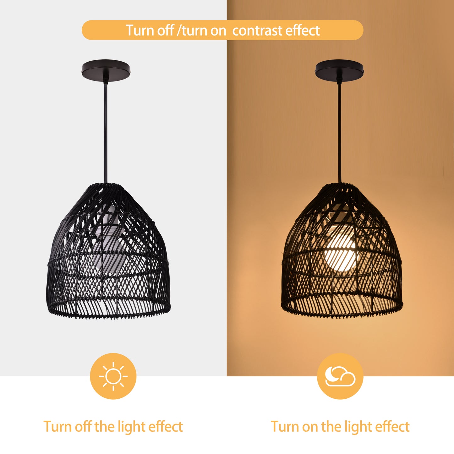 (Q)Handcrafted Rattan Decorative Pendant Light, Modern Industrial Style Black Rattan Pendant Light, Suitable for Restaurant Kitchen Islands