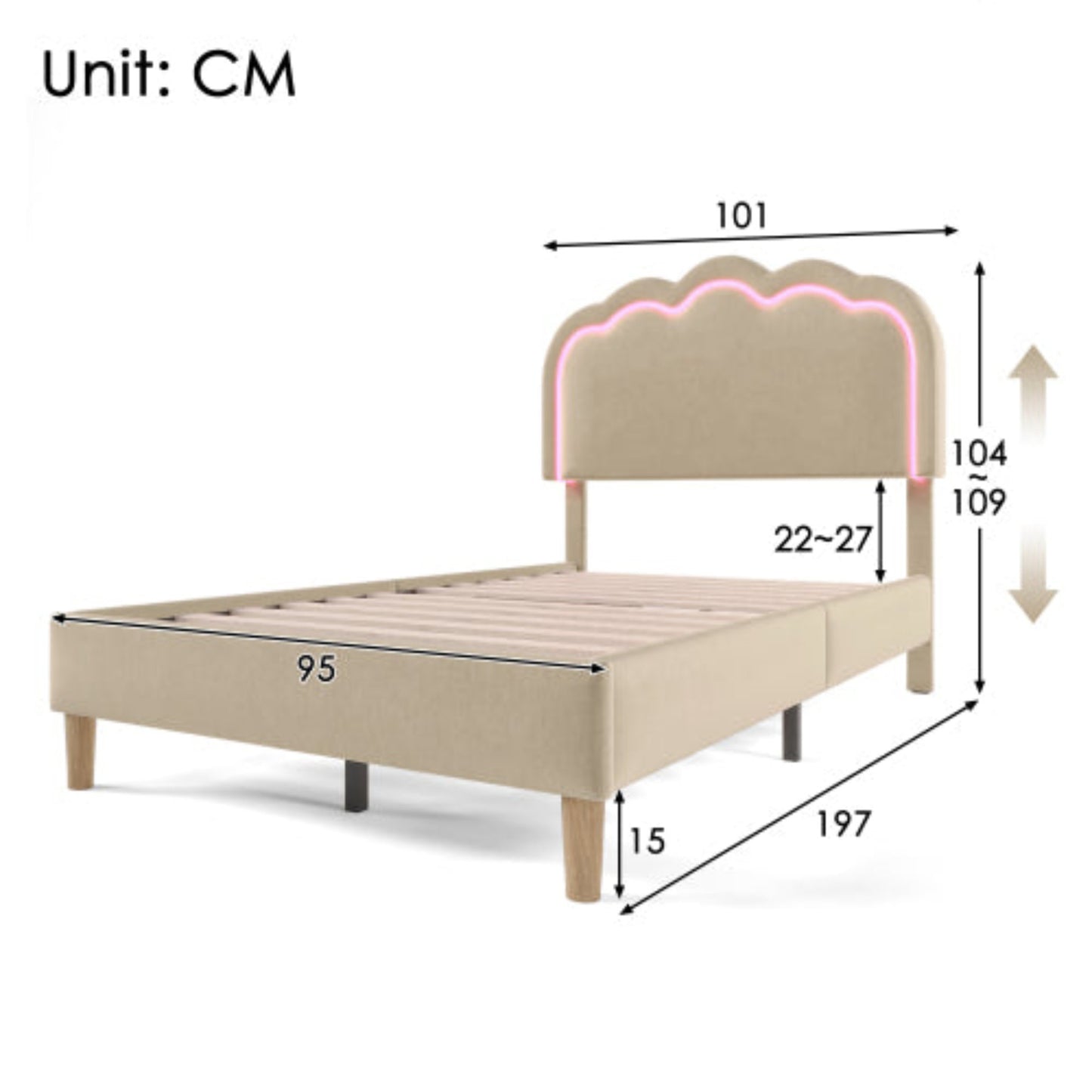 Beige Upholstered Single Bed with LED, Adjustable Headboard, Slatted Frame, YouthGuest Room Bed, Linen Material