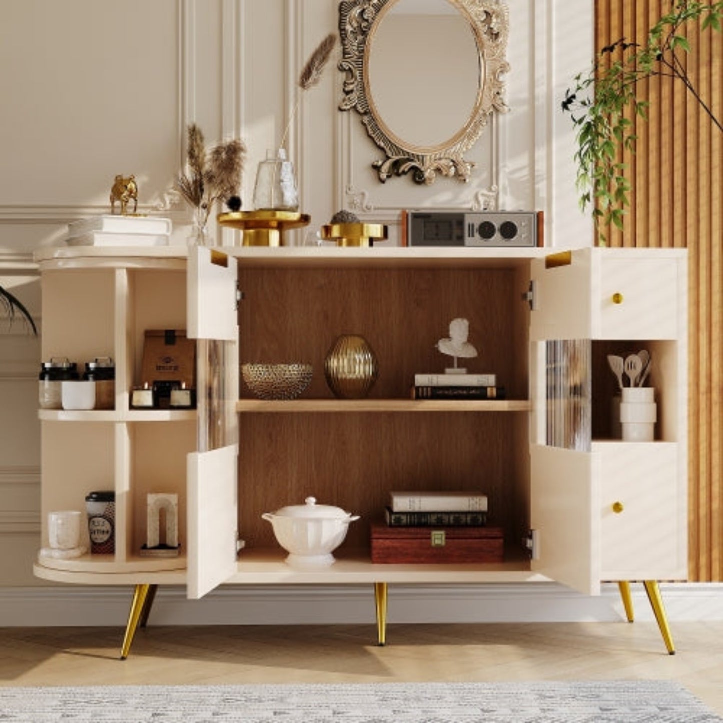 Beige Wooden Sideboard-Sliding Glass Doors, LED Lights, DiningLiving Room Storage Cabinet