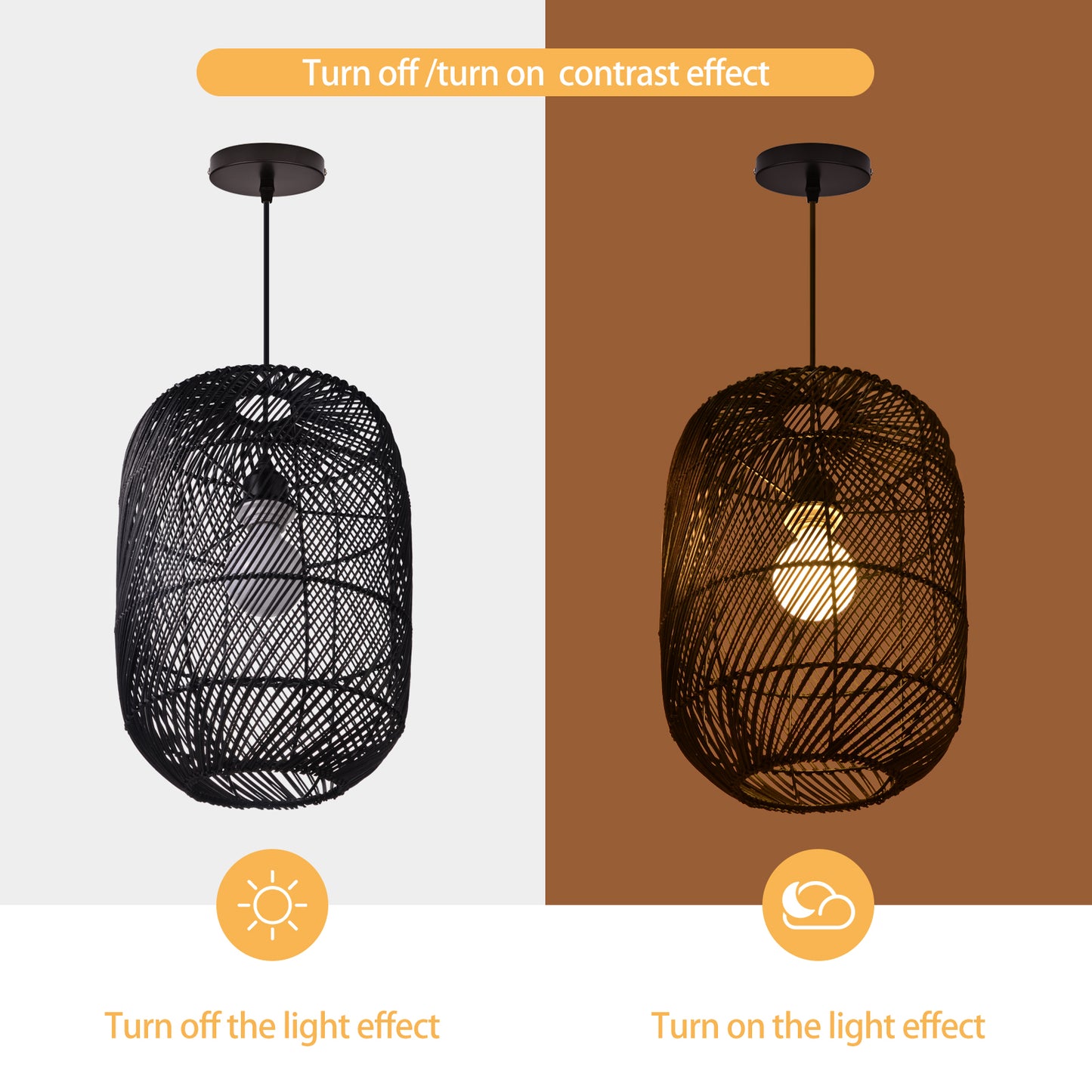 (Q)11.8 Inch Black Rattan Hand Woven Pendant Light, Bohemian Style Rattan Woven Pendant Light, Suitable for Bedrooms, Living Rooms, Kitchens