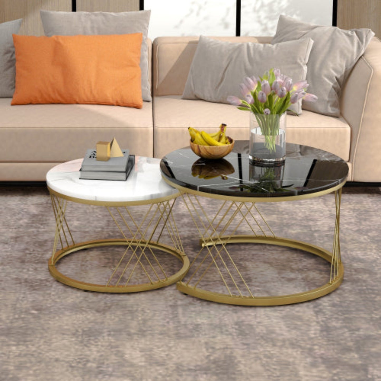 Golden Modern Nesting Coffee Tables,Marble Veneer, Round Set of 2