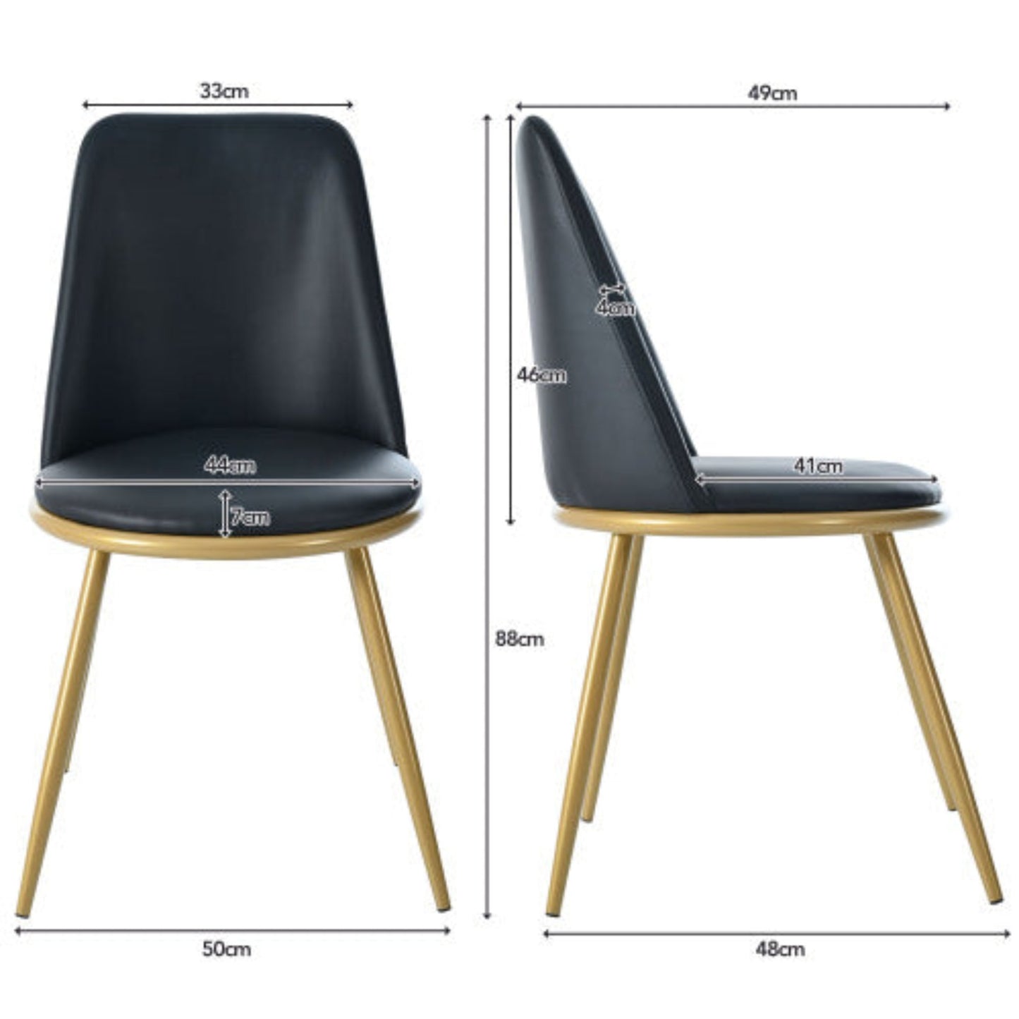 Black PU Leather Dining Chairs,Round Back, Metal Frame, Golden Legs,Set of 2