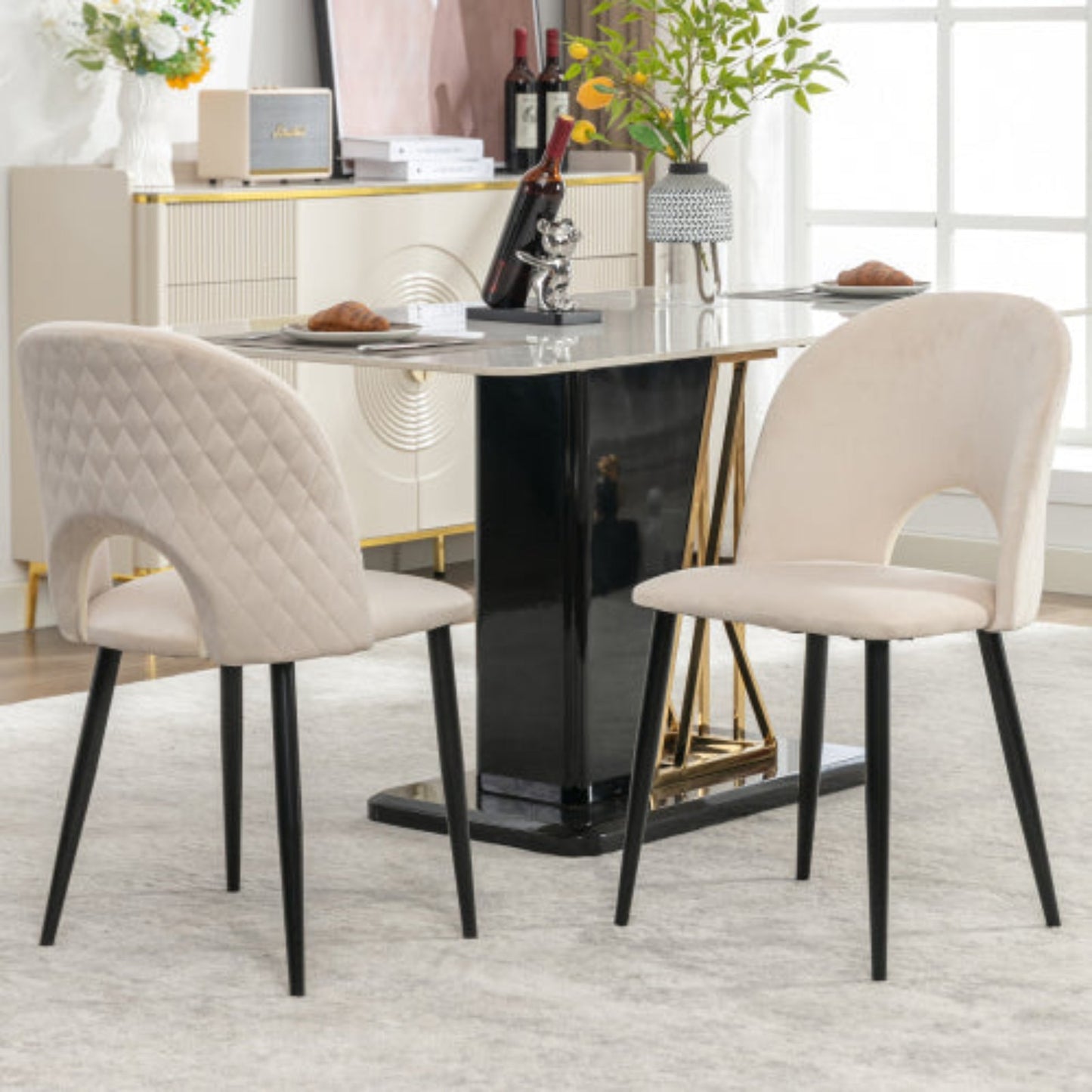 Beige Velvet Dining Chairs,Upholstered, Metal Frame, Adjustable Feet, Diamond Back-Set of 2
