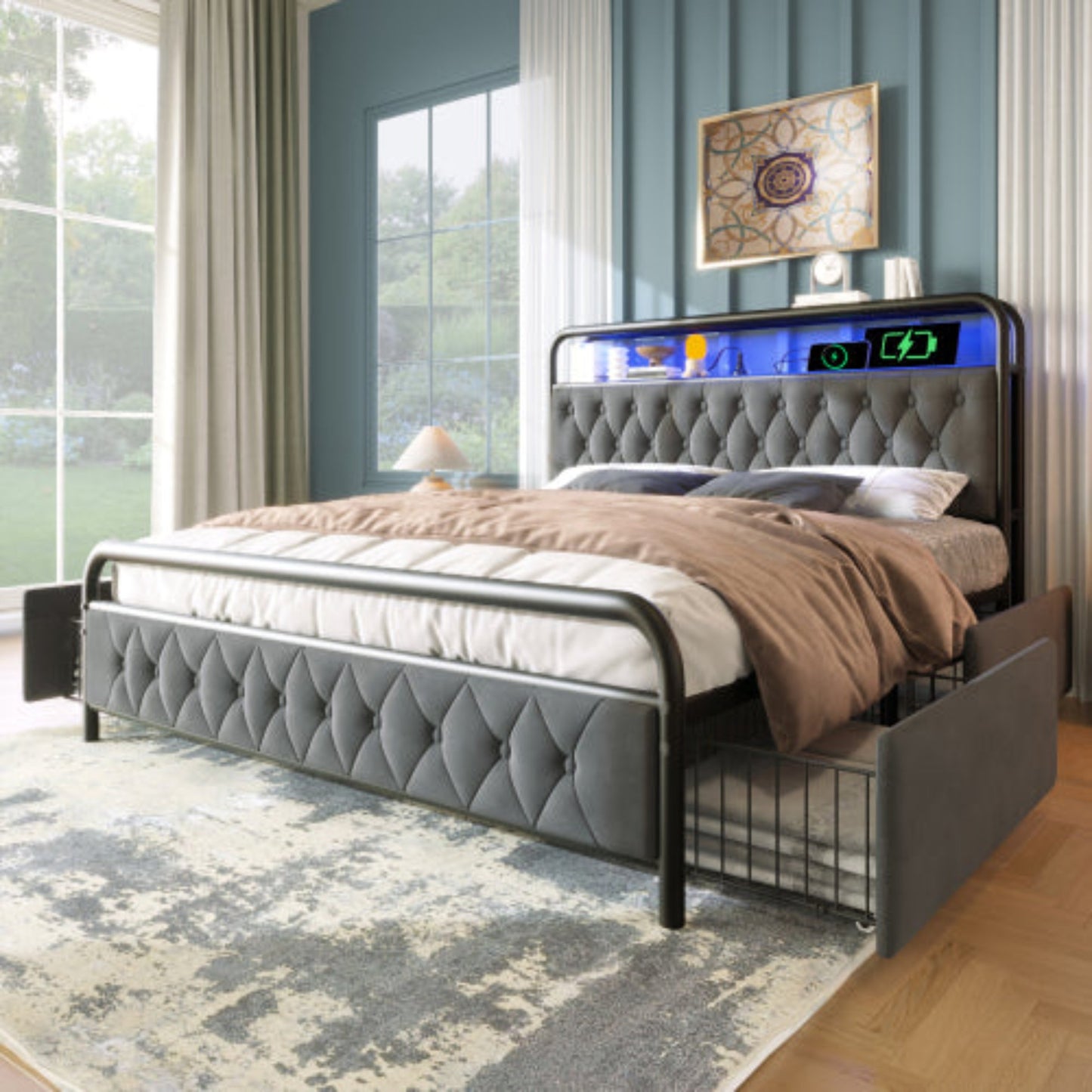 Modern Velvet Double Bed-USB Type C Charging, APP-Controlled LED, Metal Frame, 4 Drawers