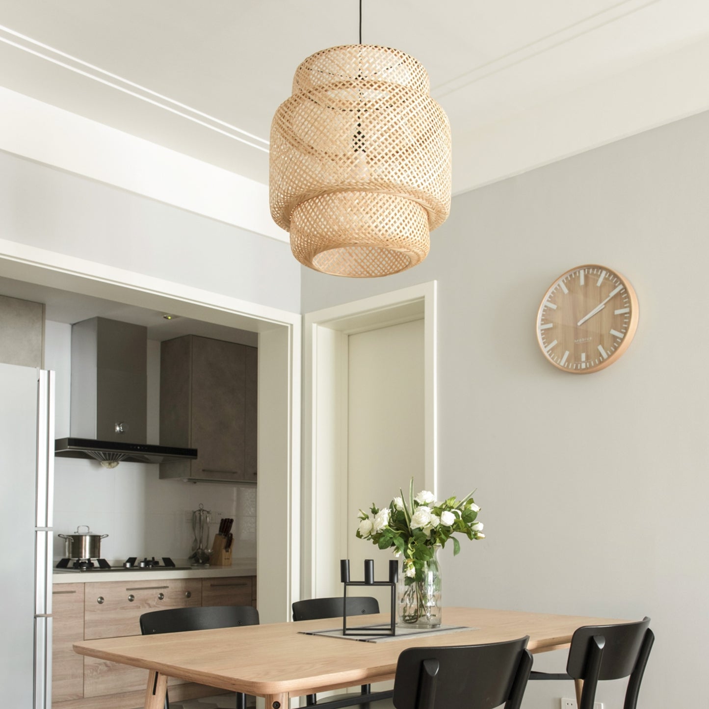 (M)Bamboo Pendant Lighting Drum Handmade Lampshade Fixture for Living Room