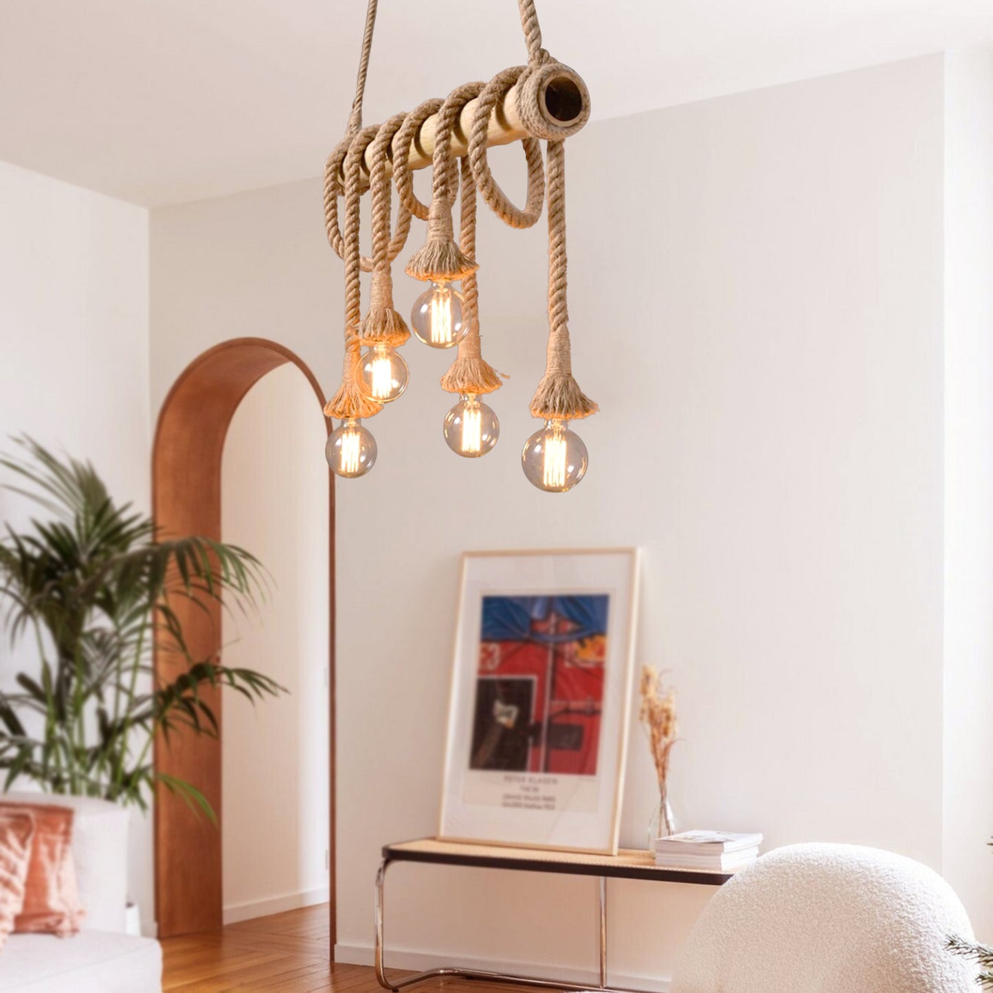 (M)Bamboo Pendant Light Rope Hemp 6-Light Bamboo Chandeliers Fixture for Kitchen Island