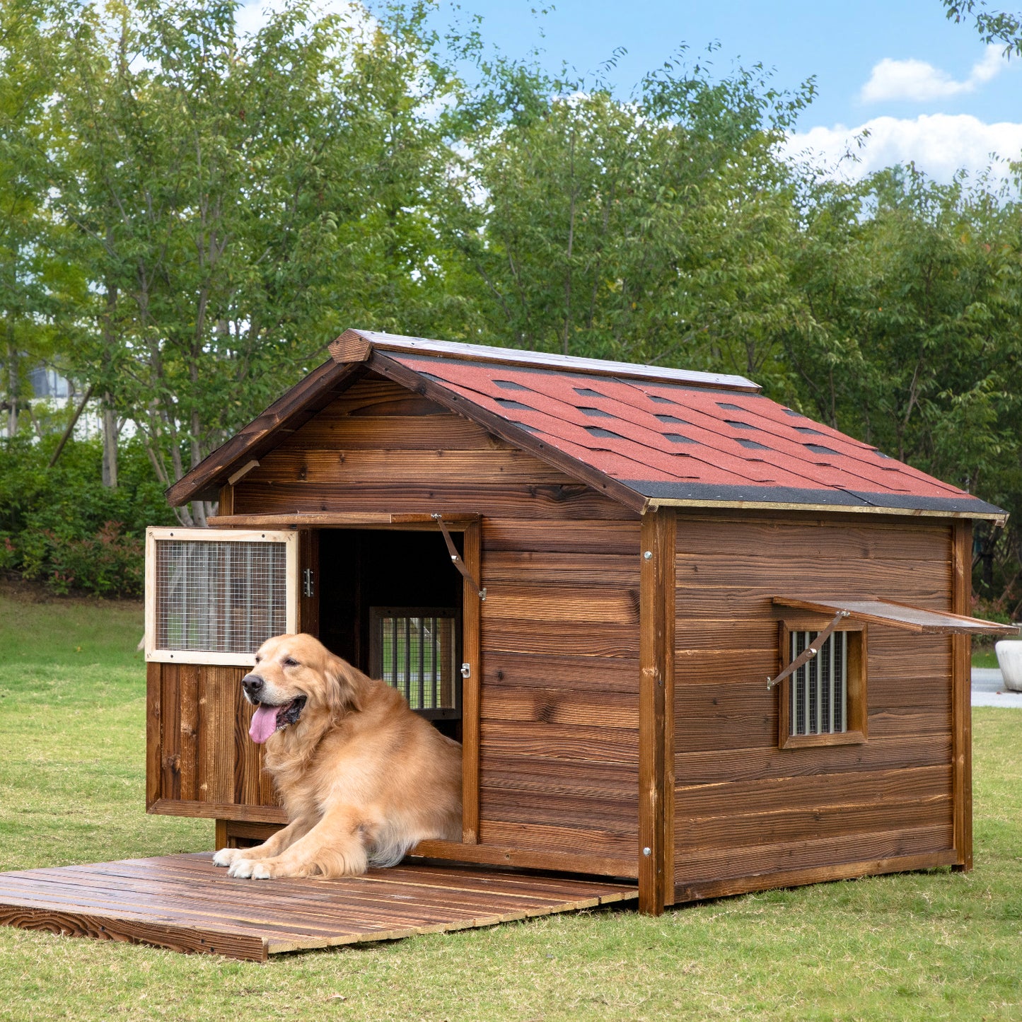 Outdoor Dog House Weatherproof with Window, Pine Wood Dog House with Elevated Floor for Large Dogs, Extra Large Dog House with Waterproof Roof