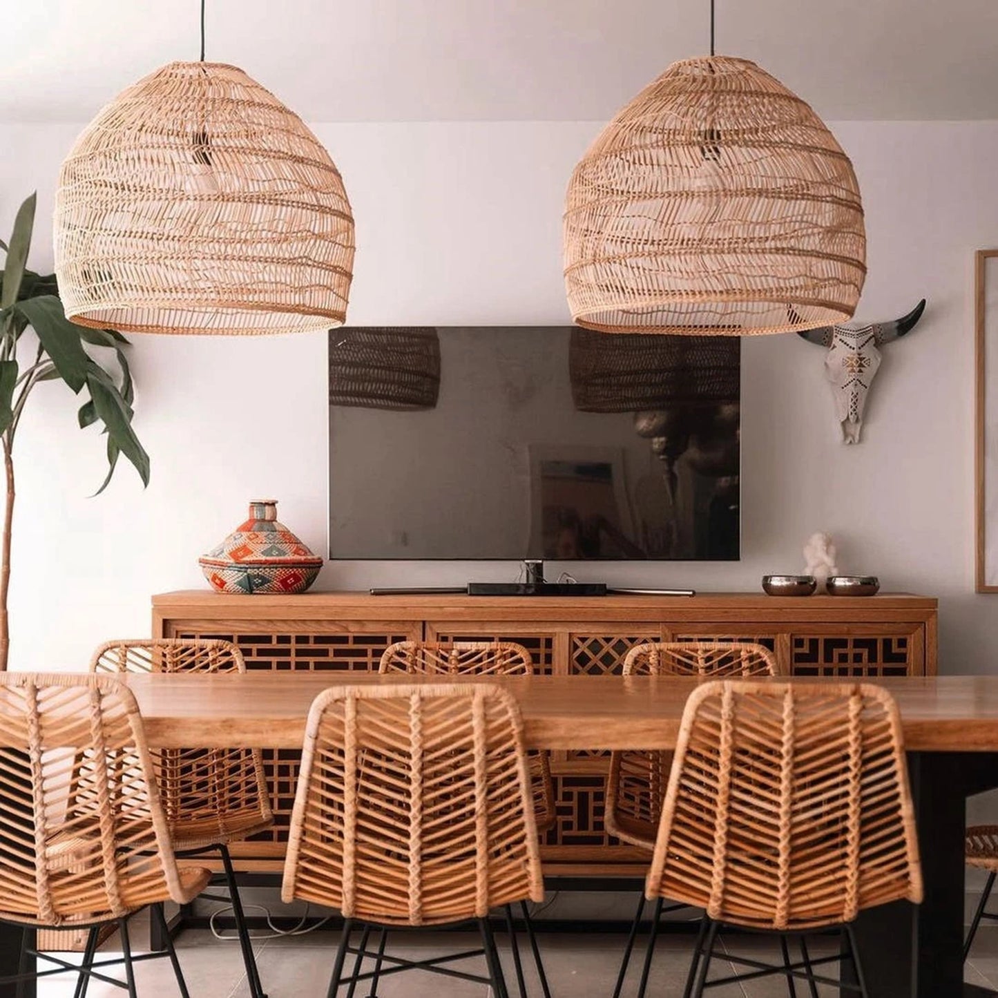 (M)Rattan Pendant Lighting Dome Natural E26 for Living Room