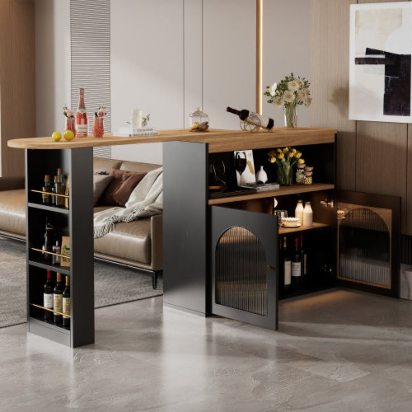 Black Modern Extendable Bar Table-Storage, Rotatable, LED Light, Dining,138-193x39x105cm