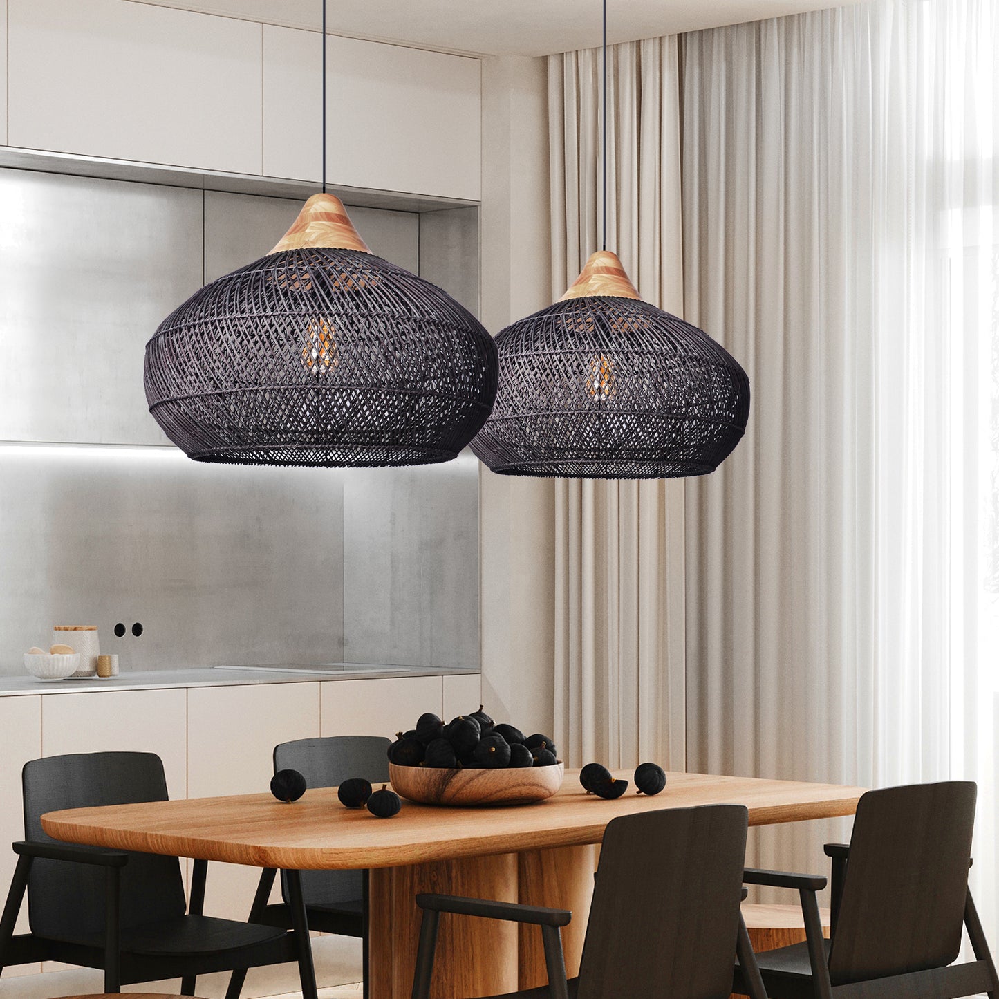 (X) Black Handcrafted Rattan Gourd Shaped Chandelier, Natural Modern Minimalist Lamps for Bedroom and Living Room