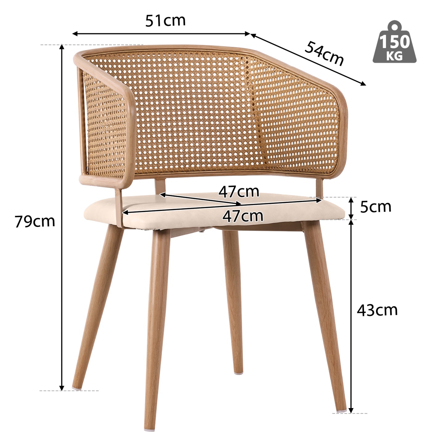Rattan Backrest Dining Chairs-PU Leather Seats for Modern Comfort