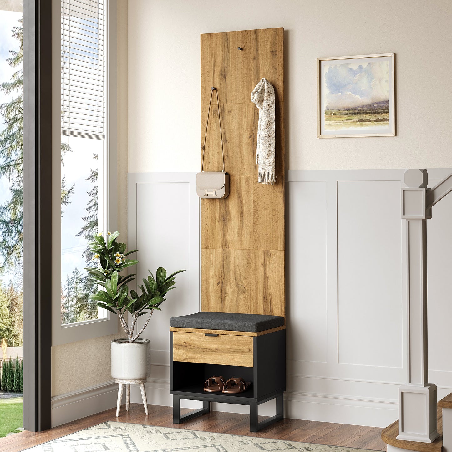 Complete Wardrobe Set with Shoe Stool, Cushion, Front Hanging Hooks, and Drawers