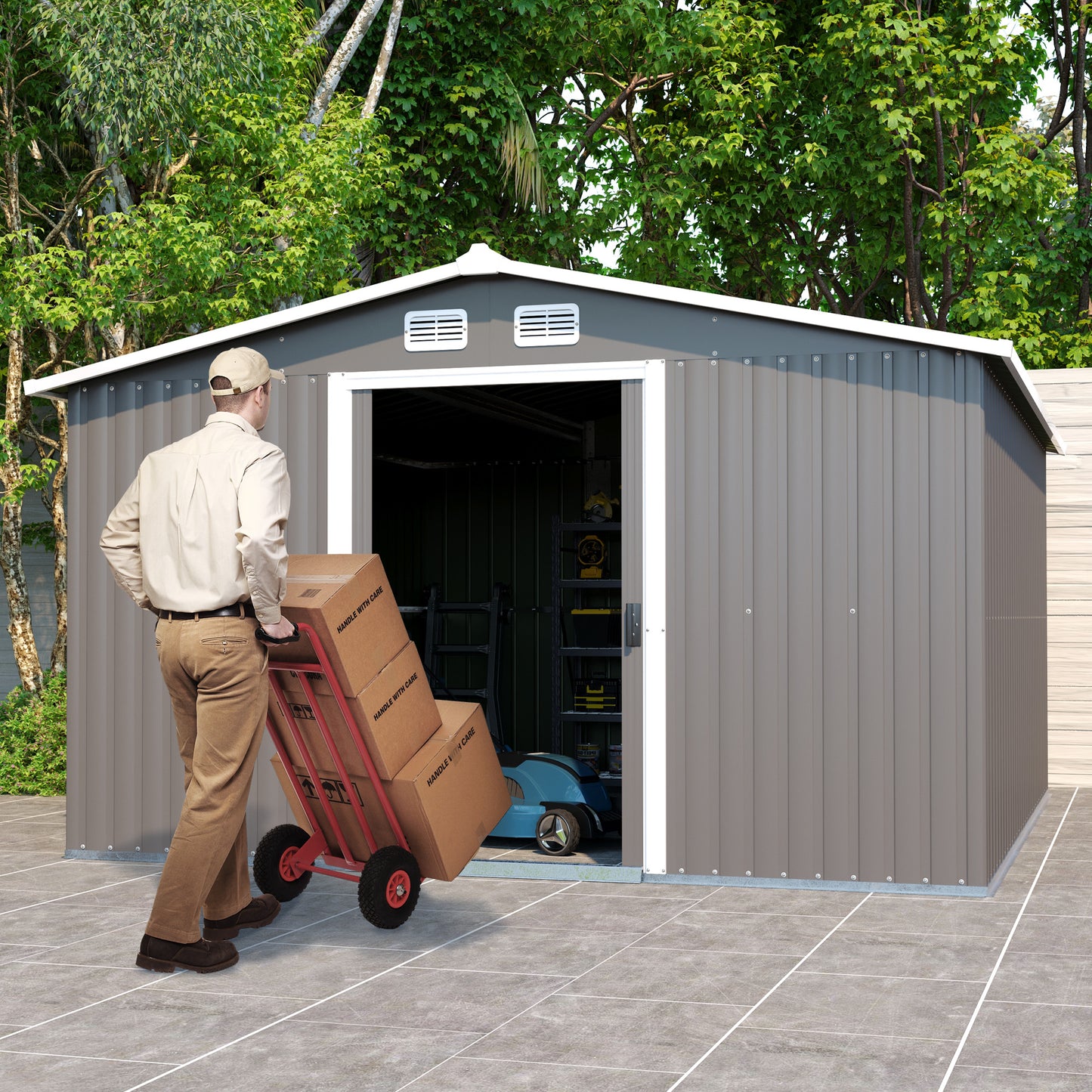Gray Large Metal Tool Shed with Sloping Roof and Lockable Door, 334x313x202cm for Garden, Terrace, Lawn, and Carport