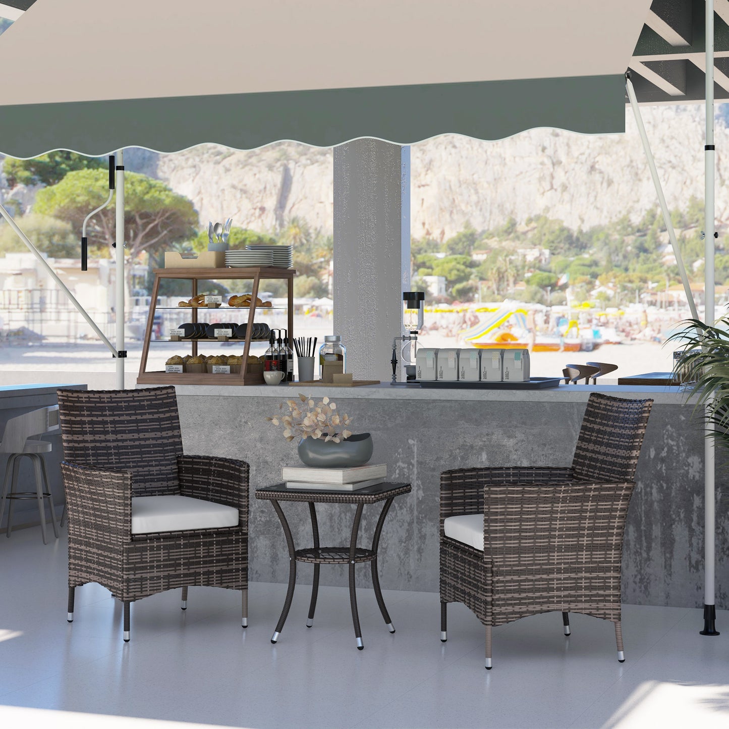 Balcony furniture set, foldable rattan set with seat cushions, brown, 60 x 58.5 x 89.5 cm, for garden and balcony