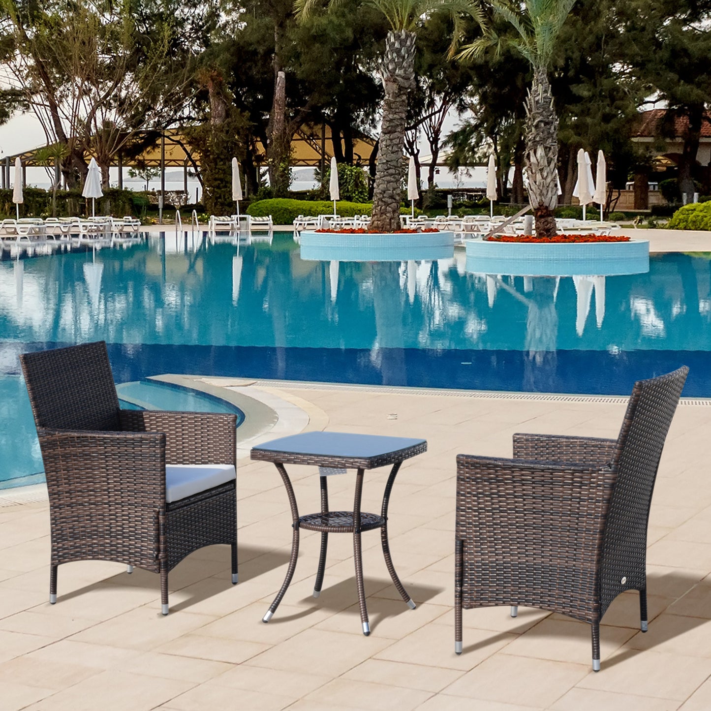 Balcony furniture set, foldable rattan set with seat cushions, brown, 60 x 58.5 x 89.5 cm, for garden and balcony