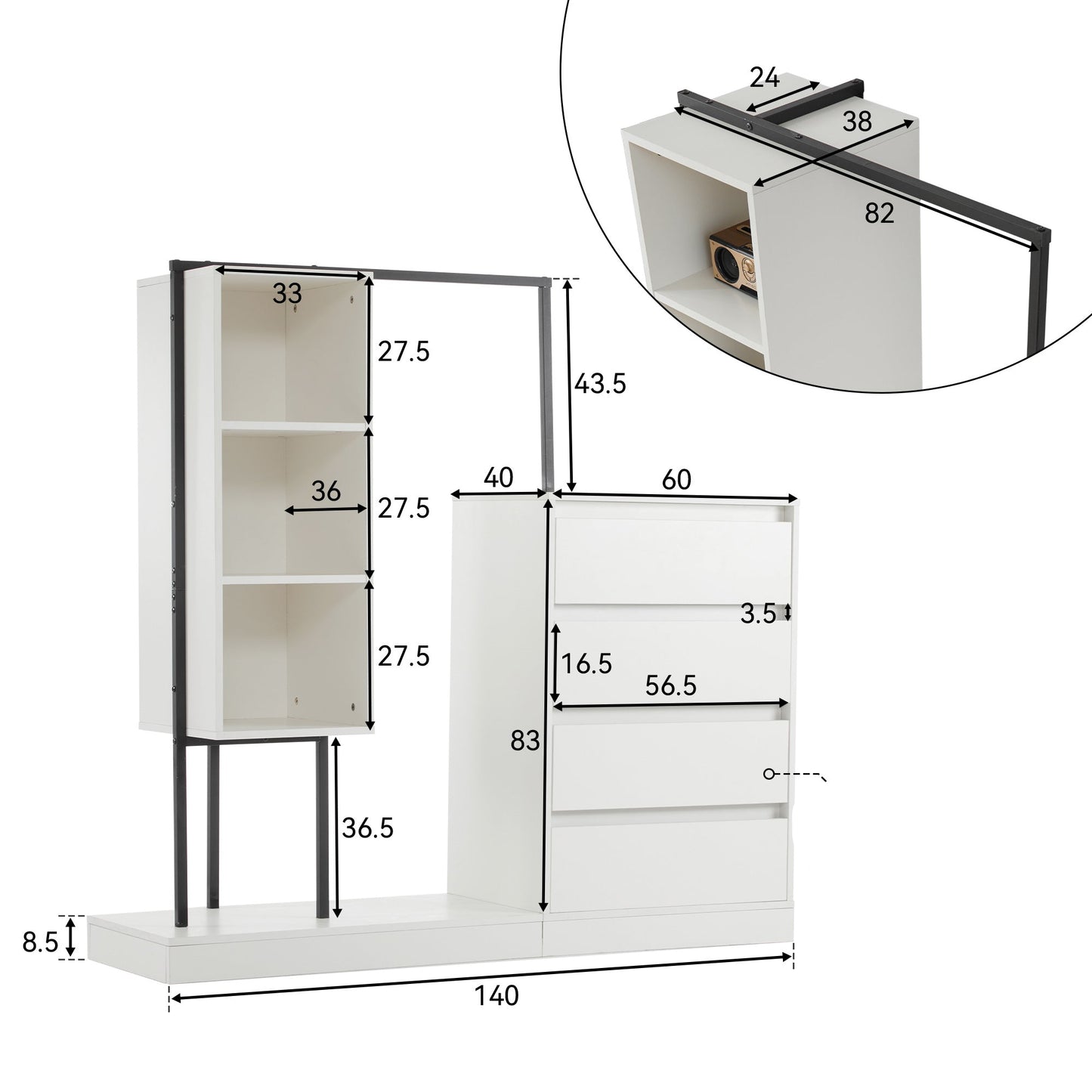 White Drawer Cabinet- Wardrobe Set - Modern Storage Solutions with Clothes Rail, W140/W40/H135 cm