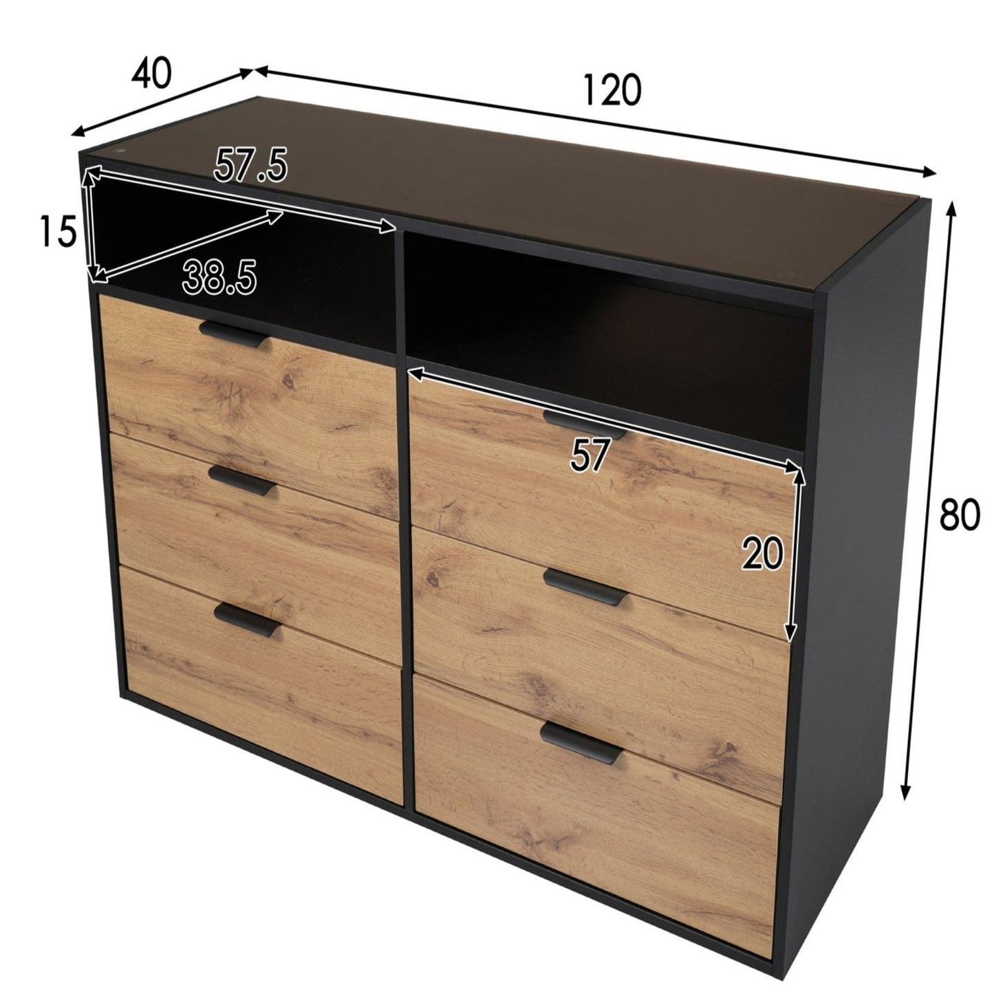 Amber Glass Metal Handle Sideboard-6 Drawers, 2 Compartments, Oak Finish