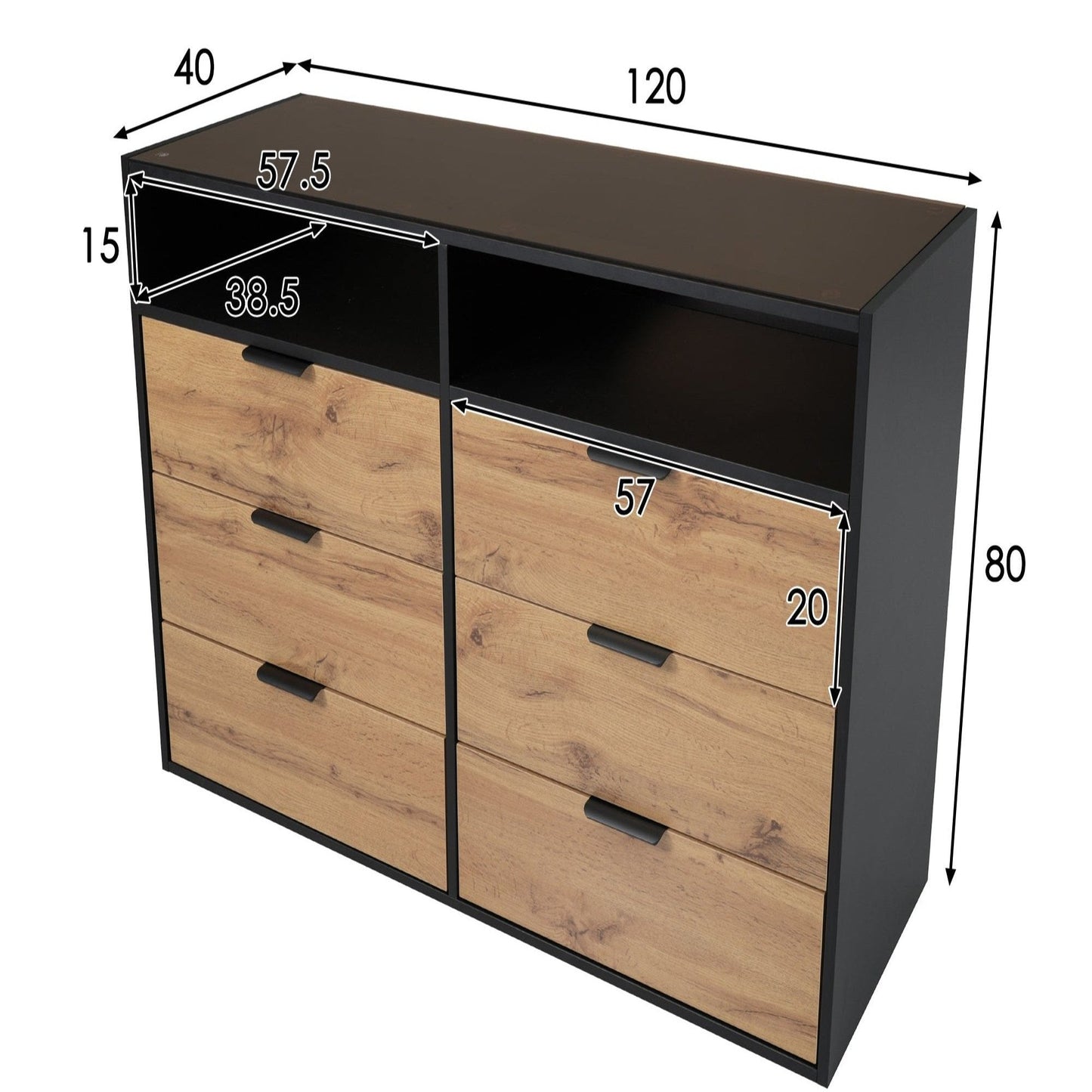 Amber Glass Metal Handle Sideboard-6 Drawers, 2 Compartments, Oak Finish
