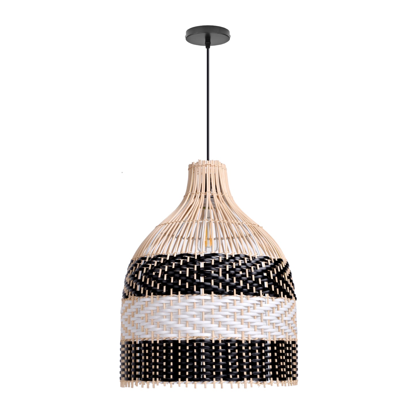 (M)ARTURESTHOME Pendant Light Fixture Black Rattan Drum Shade 1 Light Hanging Chandelier For Living Room