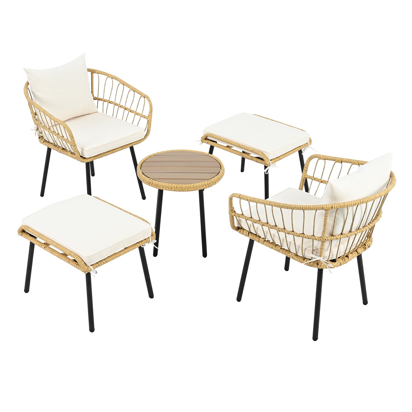 5-piece garden lounge set, including 1 dining table, 2 chairs, 2 stools, furniture, rattan, natural