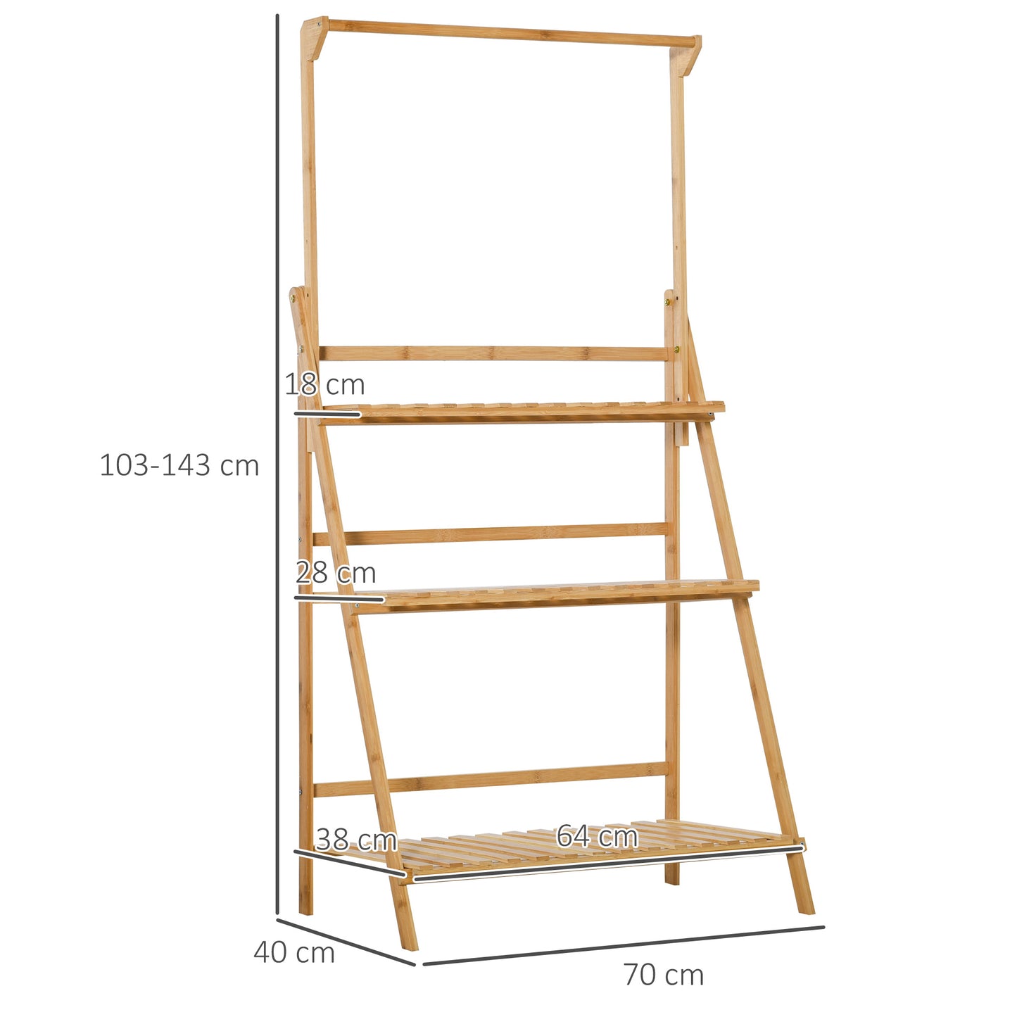 Flower staircase wooden plant stand ladder shelf 70 x 40 x 143 cm with adjustable hanging height for hanging plants Bamboo Natural