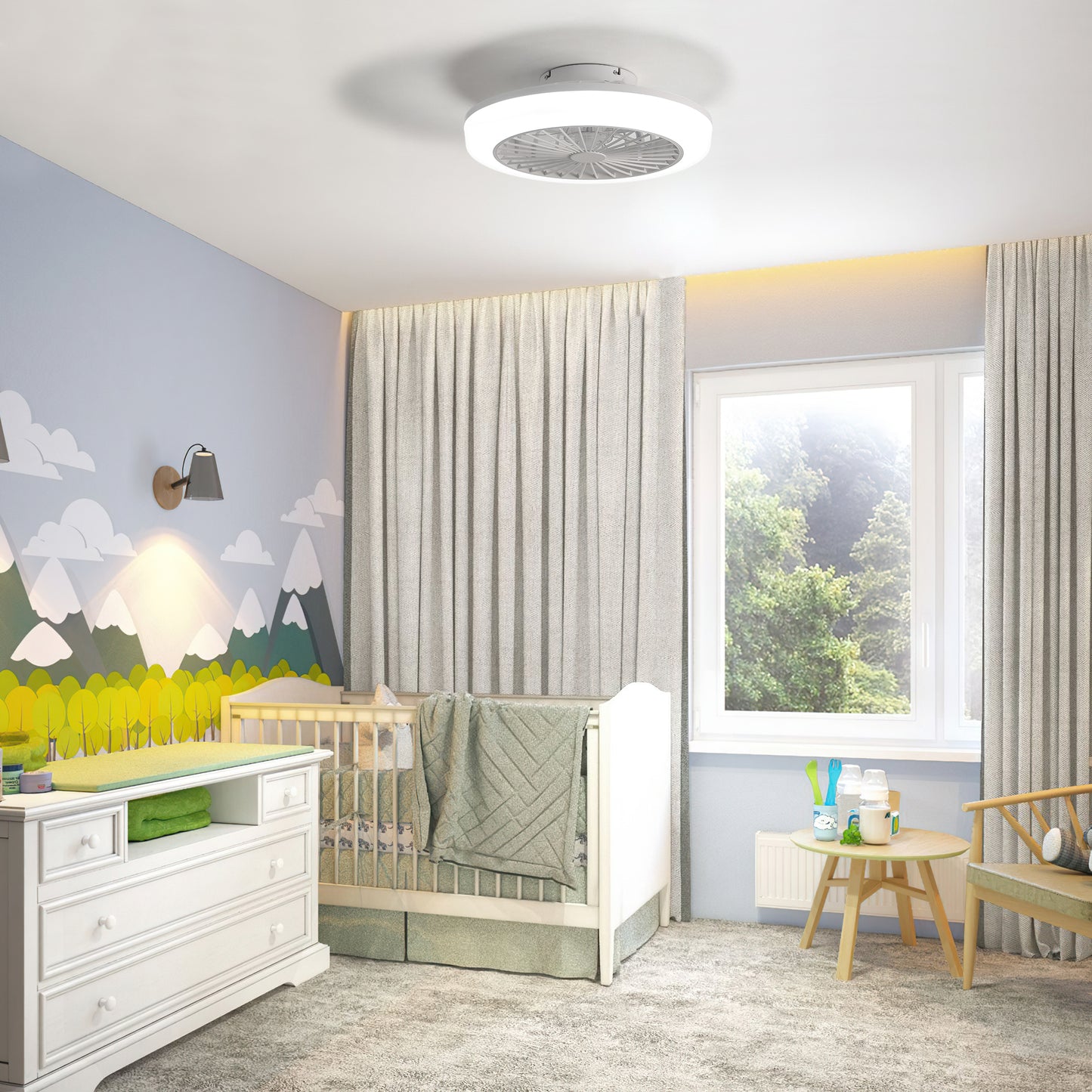 18" Enclosed Bladeless Ceiling Fan with Light & Remote, Modern Low Profile Flush Mount for Bedroom, Kitchen, Dining Room