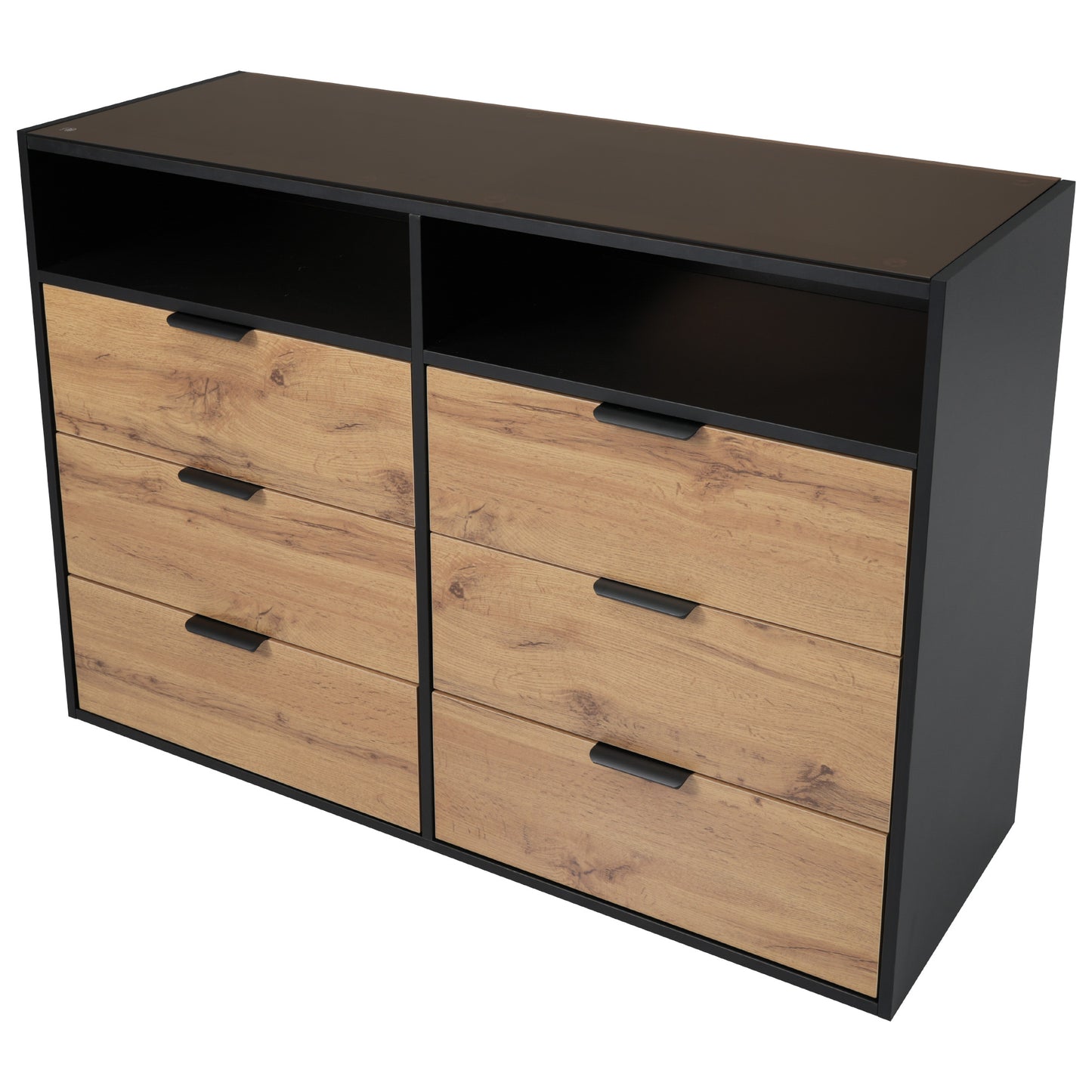 Amber Glass Metal Handle Sideboard-6 Drawers, 2 Compartments, Oak Finish