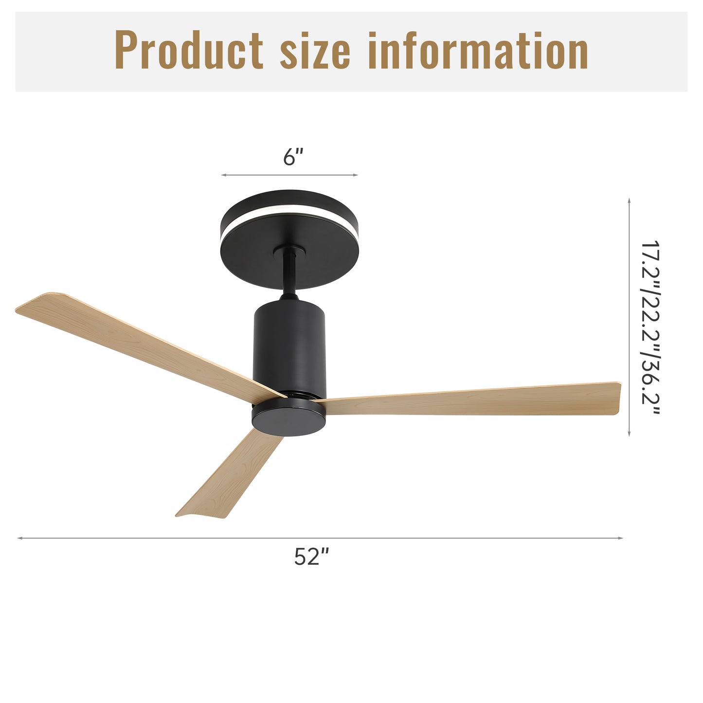 52 Inch Modern Flush Mount Ceiling Fan with LED Light, Remote Control, 3 ABS Blades, Noiseless Reversible DC Motor