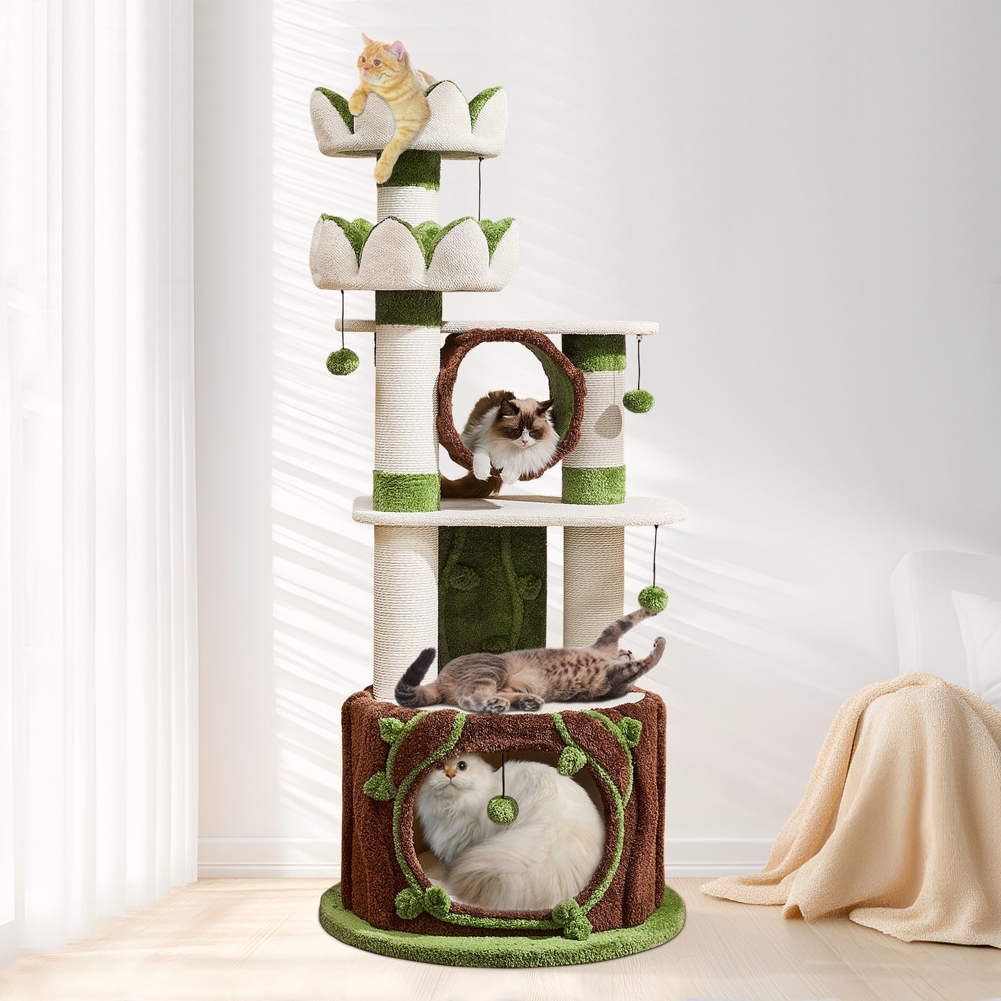 73" Deluxe Lotus Cat Tree for Indoor Adult Cats up to 20 lbs, XXL Heavy Duty Base Cat Furniture with Large Apartment, Bed, Tunnel, Scratching Post, Large Platform