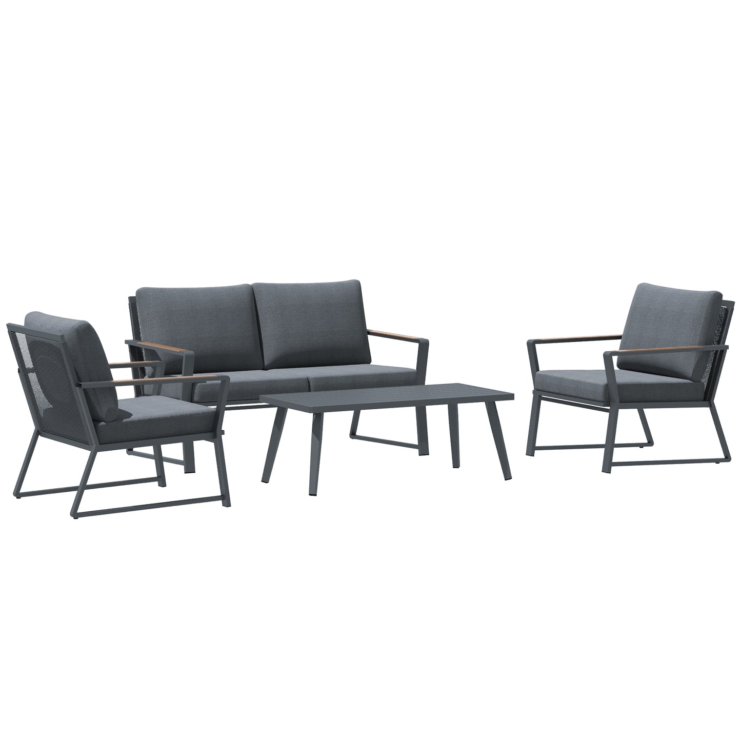 Garden furniture set for 4 people, sofa with armchair and side table, poly rattan and aluminum, grey, weatherproof and modern