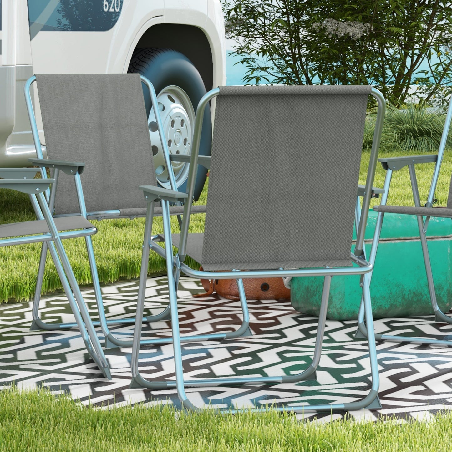 Garden folding chair 4-piece set with backrest armrests, garden balcony camping chair Oxford gray