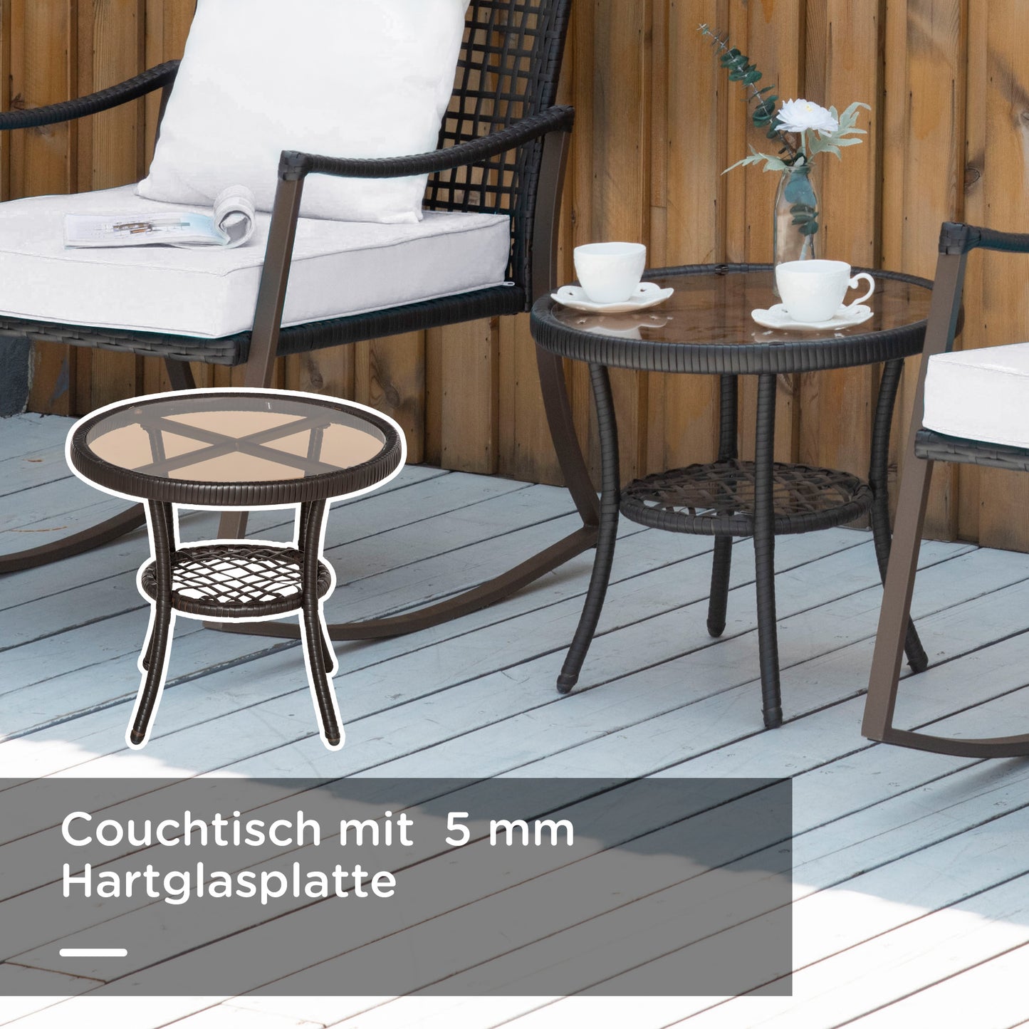 Garden set, for 2 people, rocking chair set with cushions, rattan, brown + white