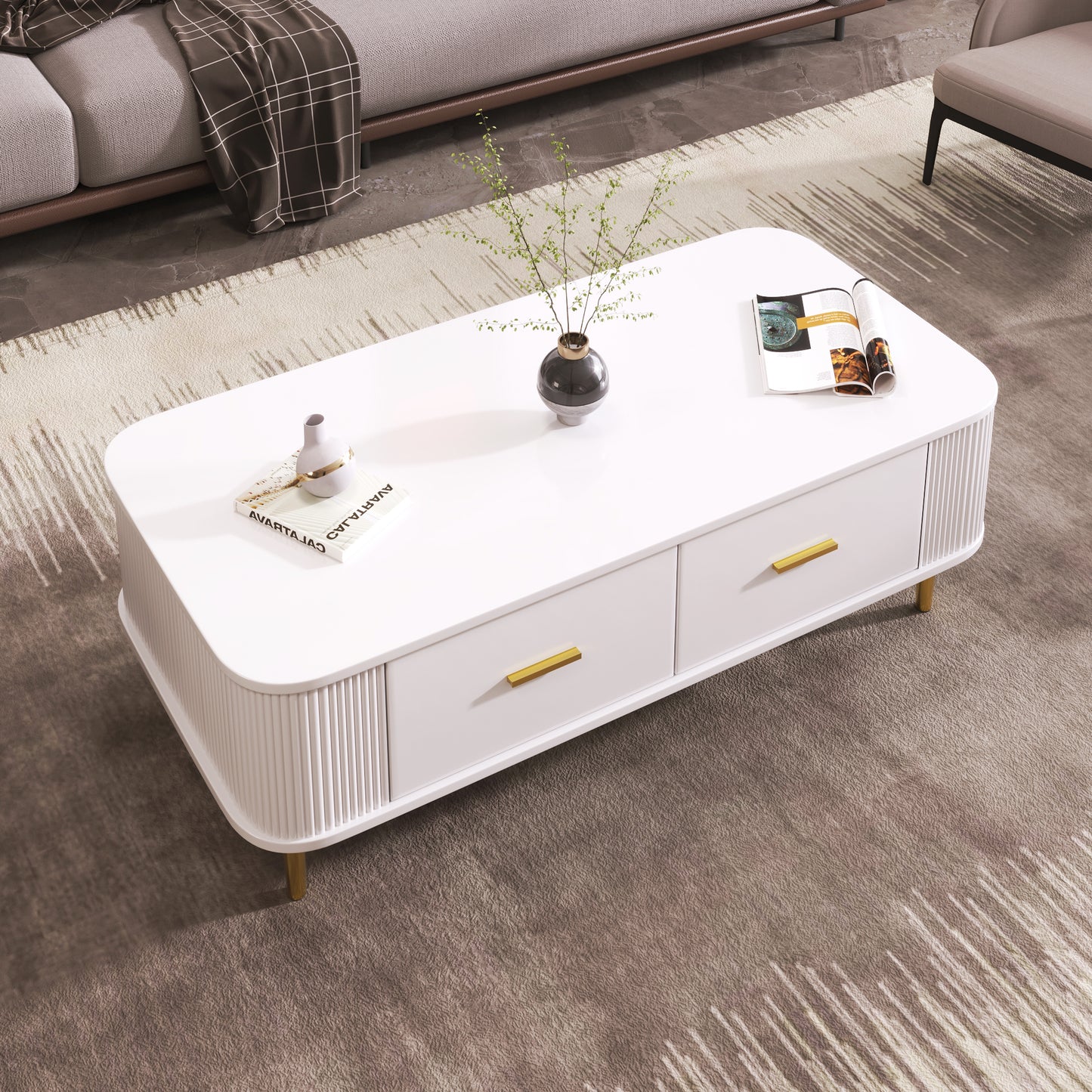 Elegant Wavy Sides Coffee Table with Gold Handles and Drawers