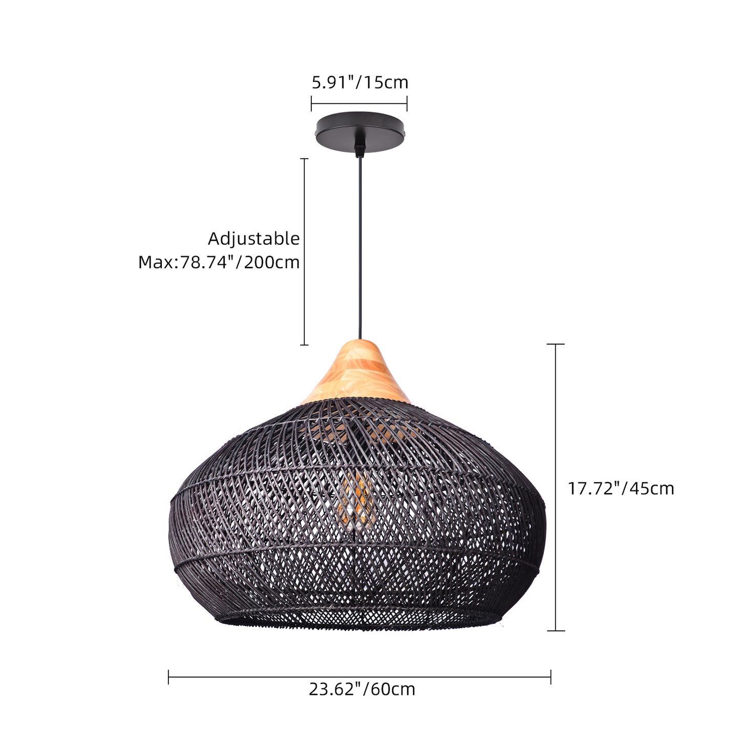 (X) Black Handcrafted Rattan Gourd Shaped Chandelier, Natural Modern Minimalist Lamps for Bedroom and Living Room