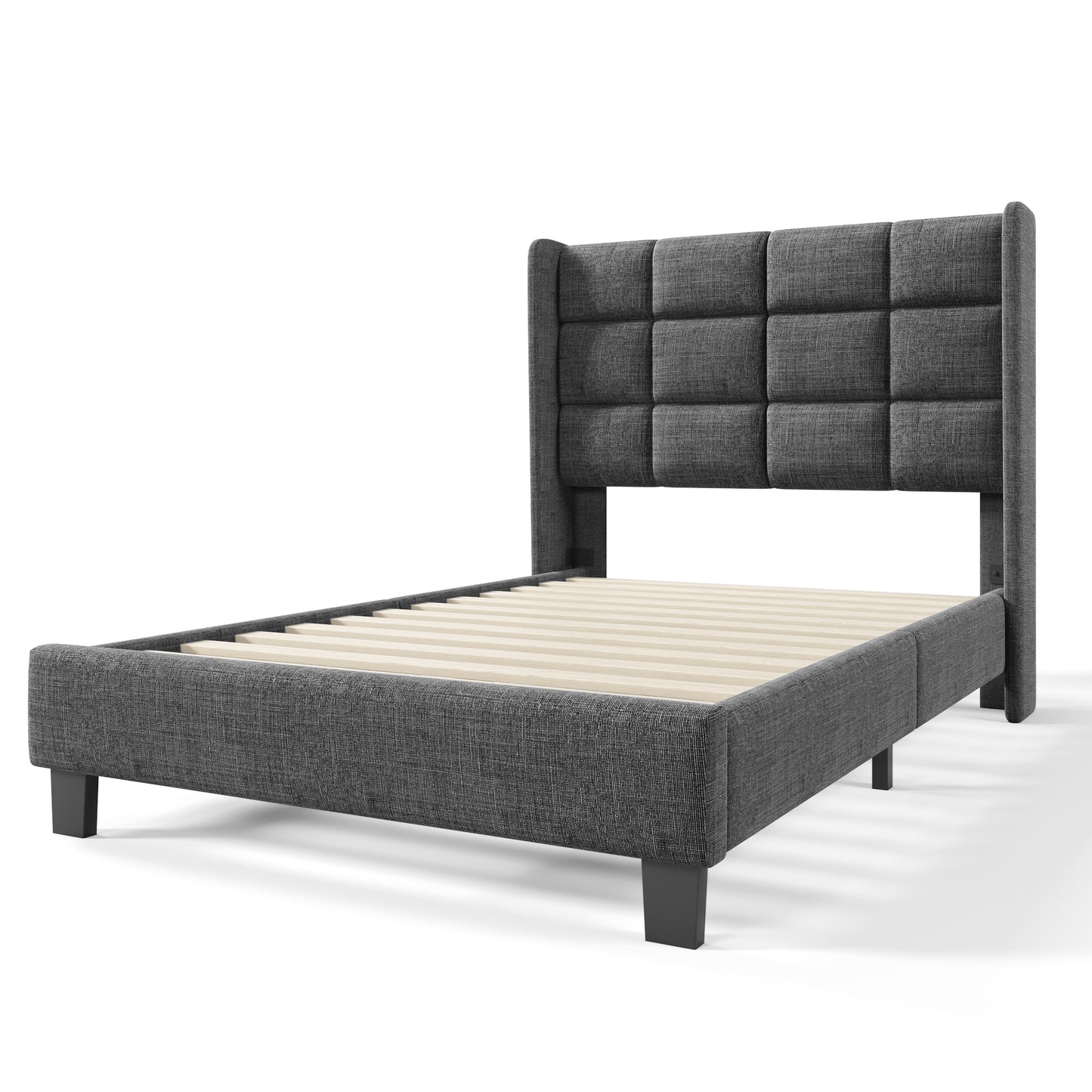 (Z)Modern Design Upholstered Bed - 90x200cm Grey Linen Single Bed with Headboard, Mattress Not Included
