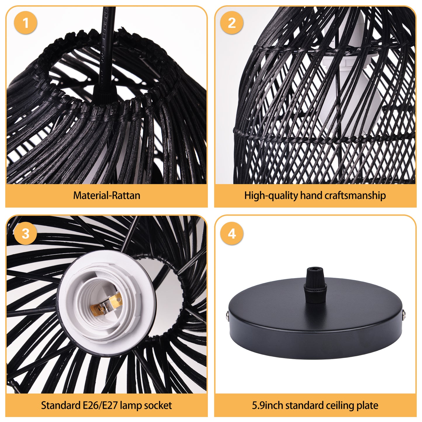 (Q)Handcrafted Rattan Decorative Pendant Light, Modern Industrial Style Black Rattan Pendant Light, Suitable for Restaurant Kitchen Islands