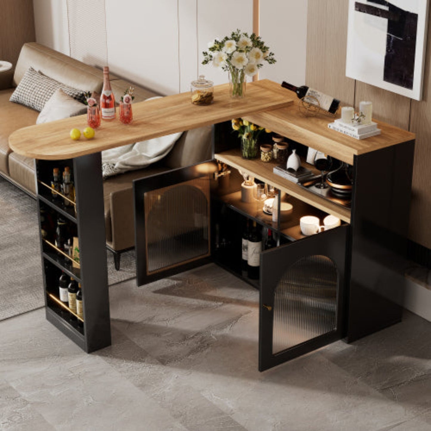 Black Modern Extendable Bar Table-Storage, Rotatable, LED Light, Dining,138-193x39x105cm