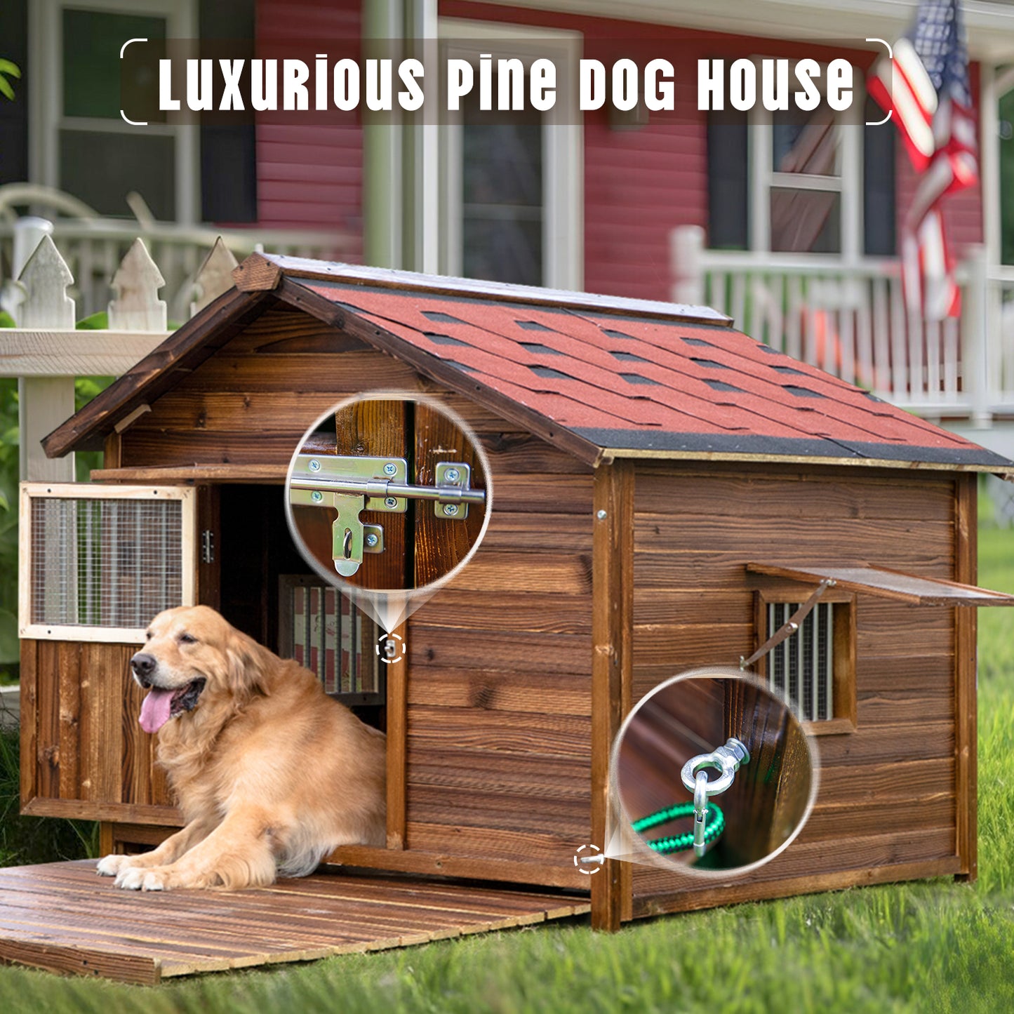 Outdoor Dog House Weatherproof with Window, Pine Wood Dog House with Elevated Floor for Large Dogs, Extra Large Dog House with Waterproof Roof