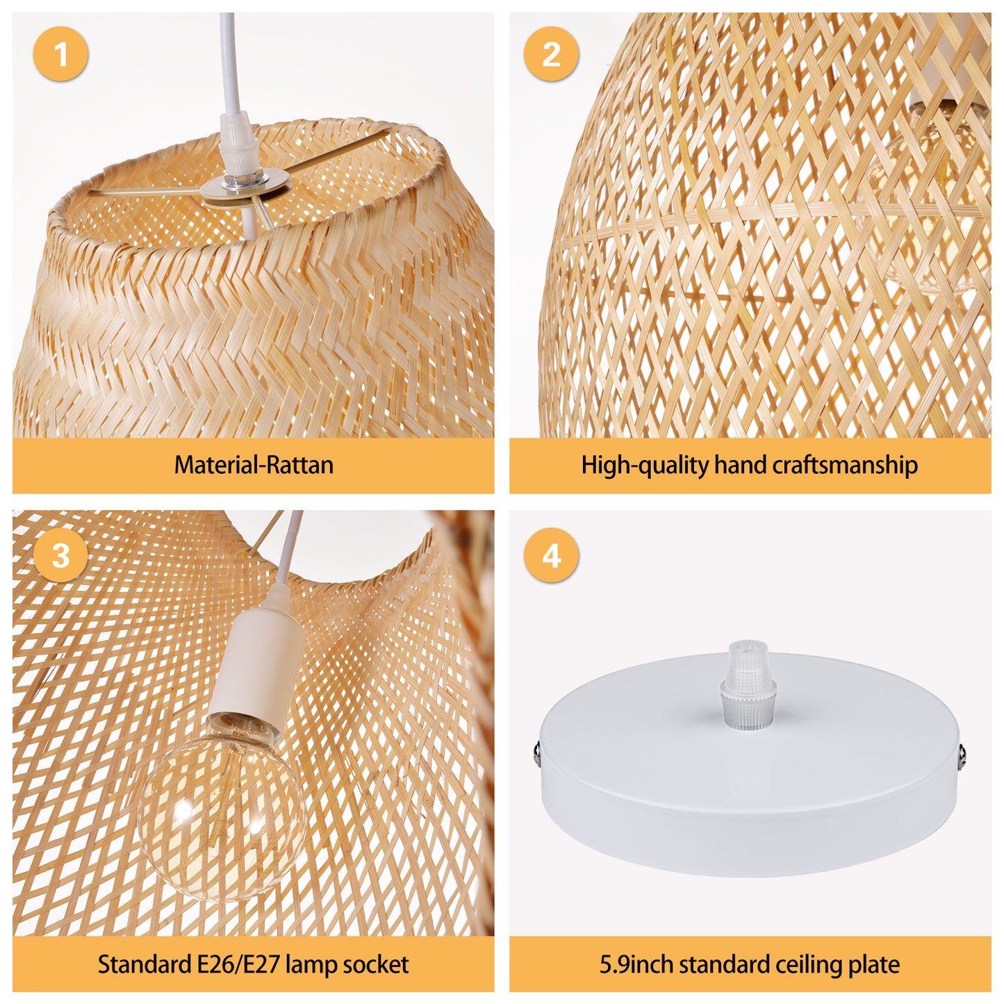 (Q)Handmade Woven Bamboo Pendant Light,Bohemian Style Cage Lampshade Pendant Light, Suitable for Restaurants,Bedrooms, Farmhouses