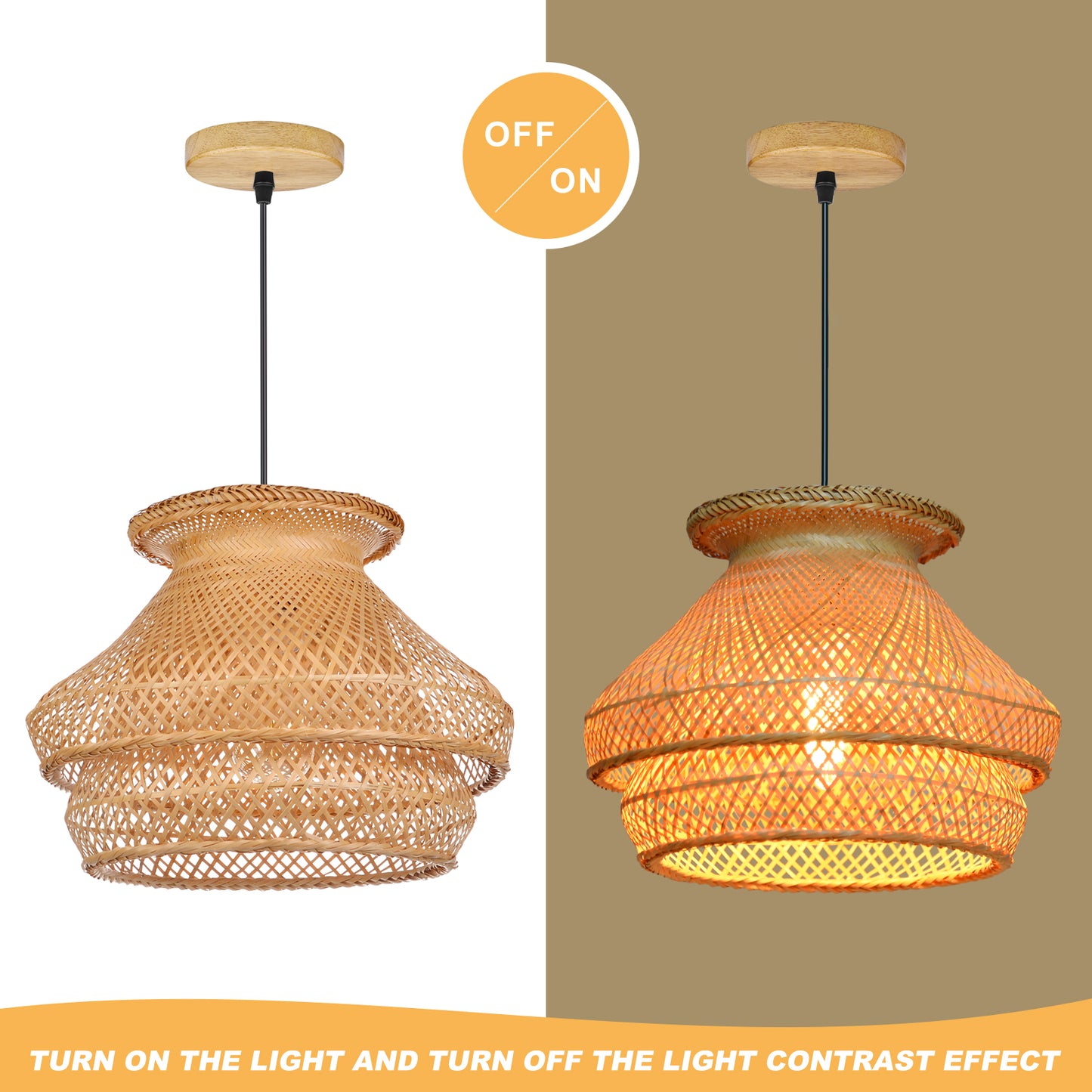 (Q)Handmade Rattan Pendant Light, Countryside Style Double-Layer Lampshade Pendant Light, Suitable for Bedrooms, Living Rooms, Kitchens