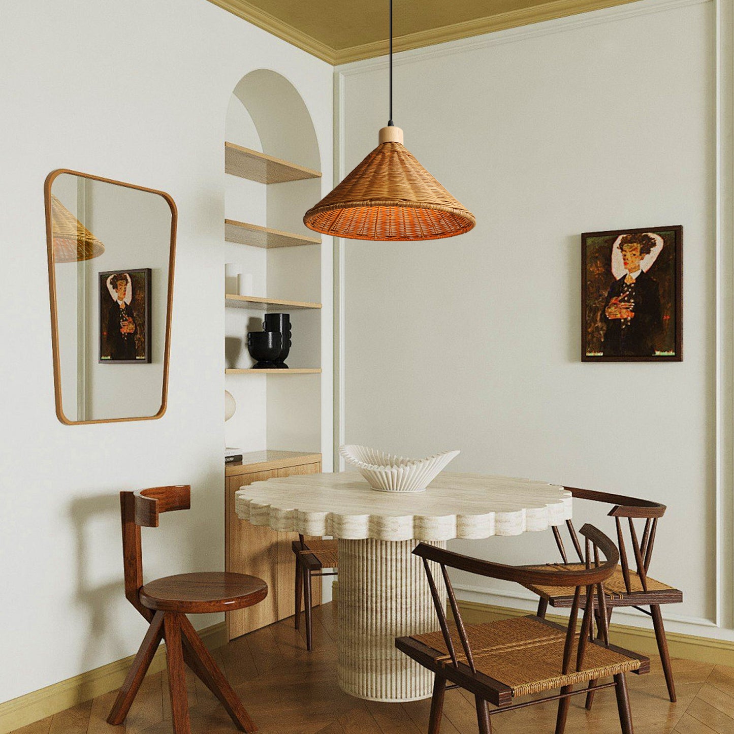 (K) Rustic Rattan Pendant Light Japanese Wabi-sabi Style Dining Room Tea Room Chandelier