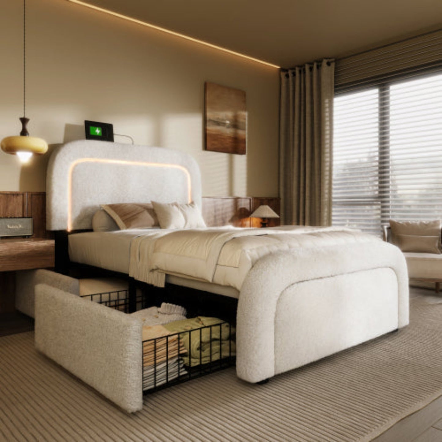 Sherp White Multifunctional Bed Frame-USB-C, LED Lights, Adjustable Headboard, Drawers