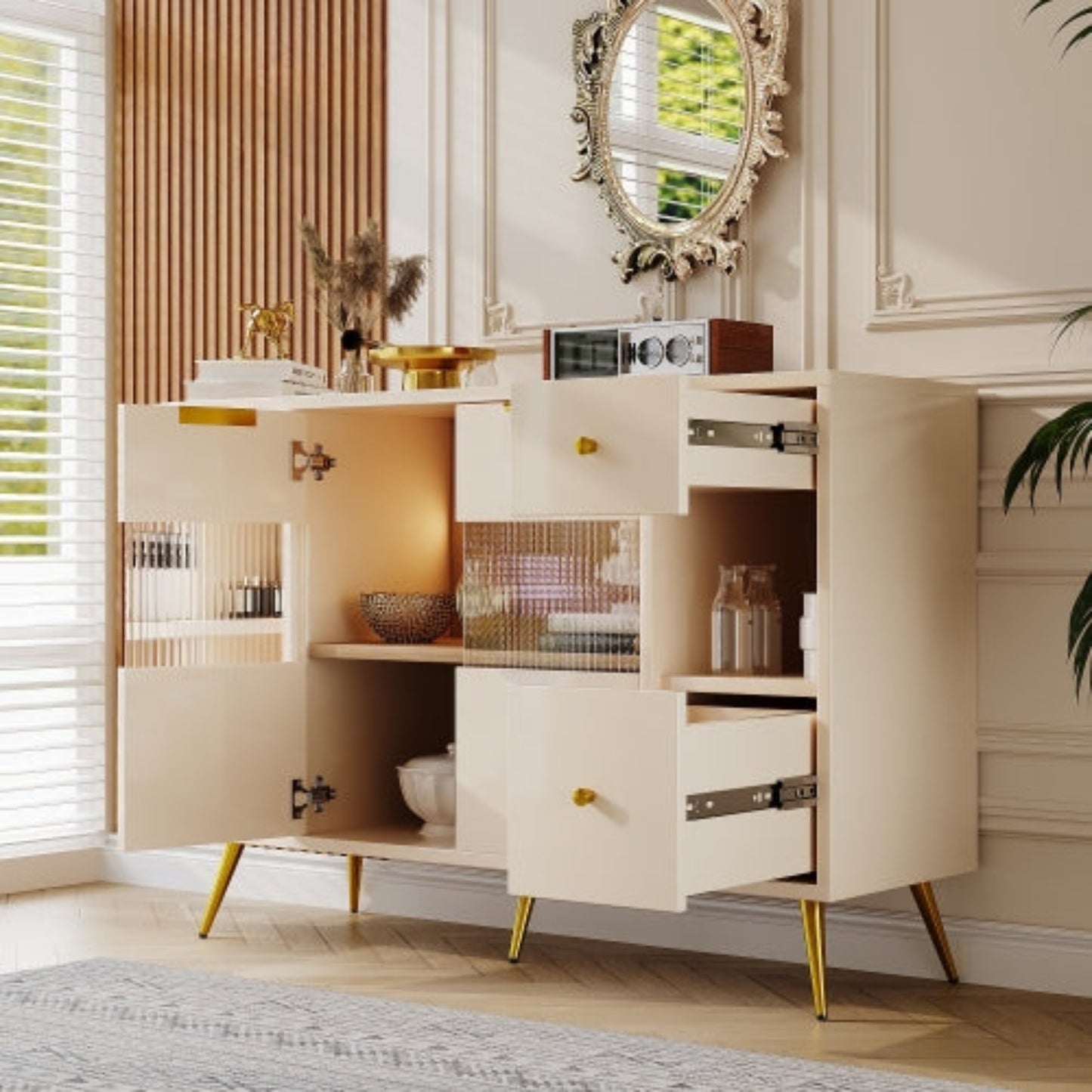 Beige Wooden Sideboard-Sliding Glass Doors, LED Lights, DiningLiving Room Storage Cabinet