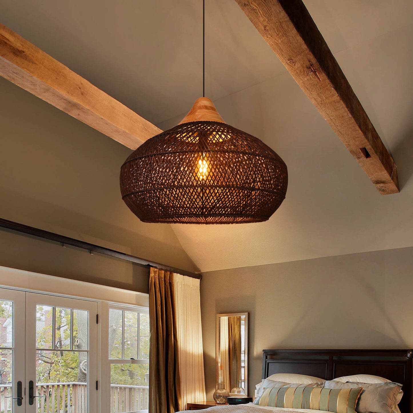 (X) Black Handcrafted Rattan Gourd Shaped Chandelier, Natural Modern Minimalist Lamps for Bedroom and Living Room