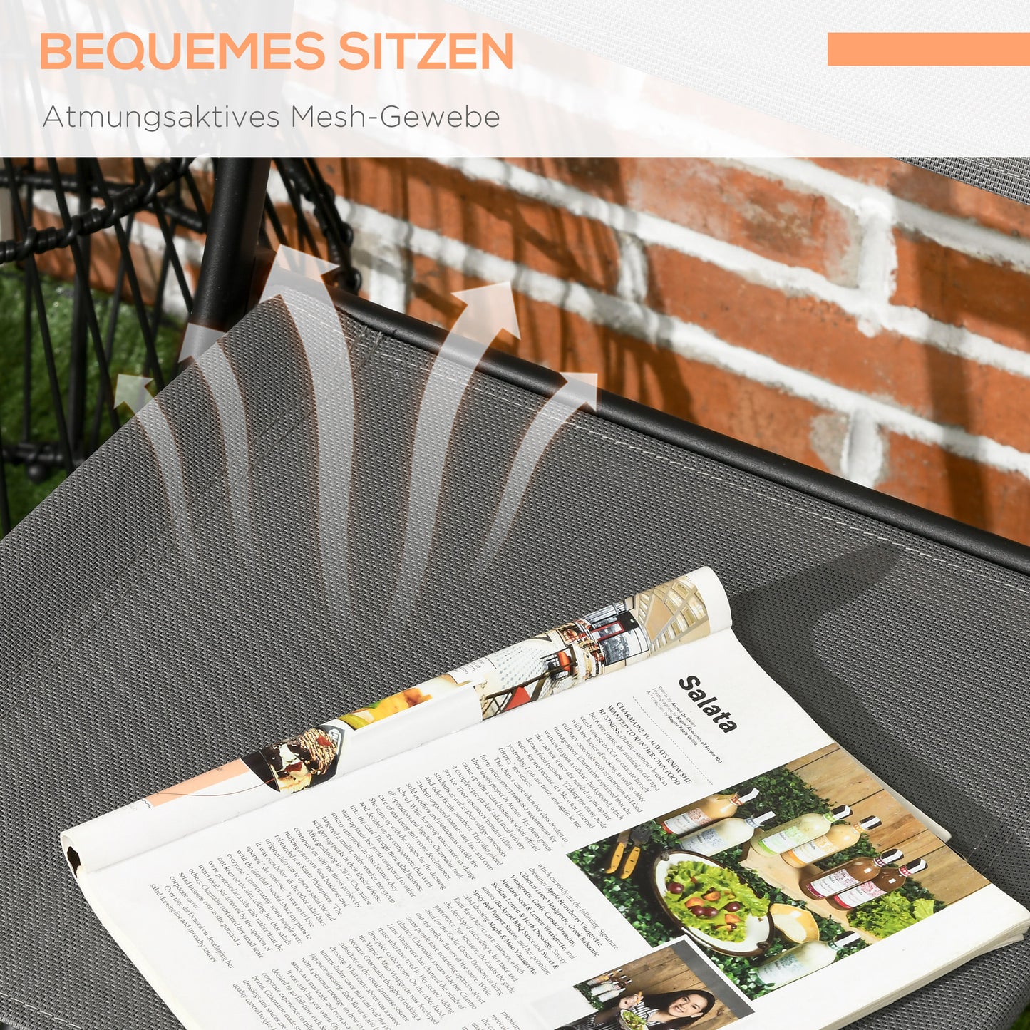 Garden furniture set for 2 people, with 1 table and 2 folding chairs, garden furniture made of grey steel