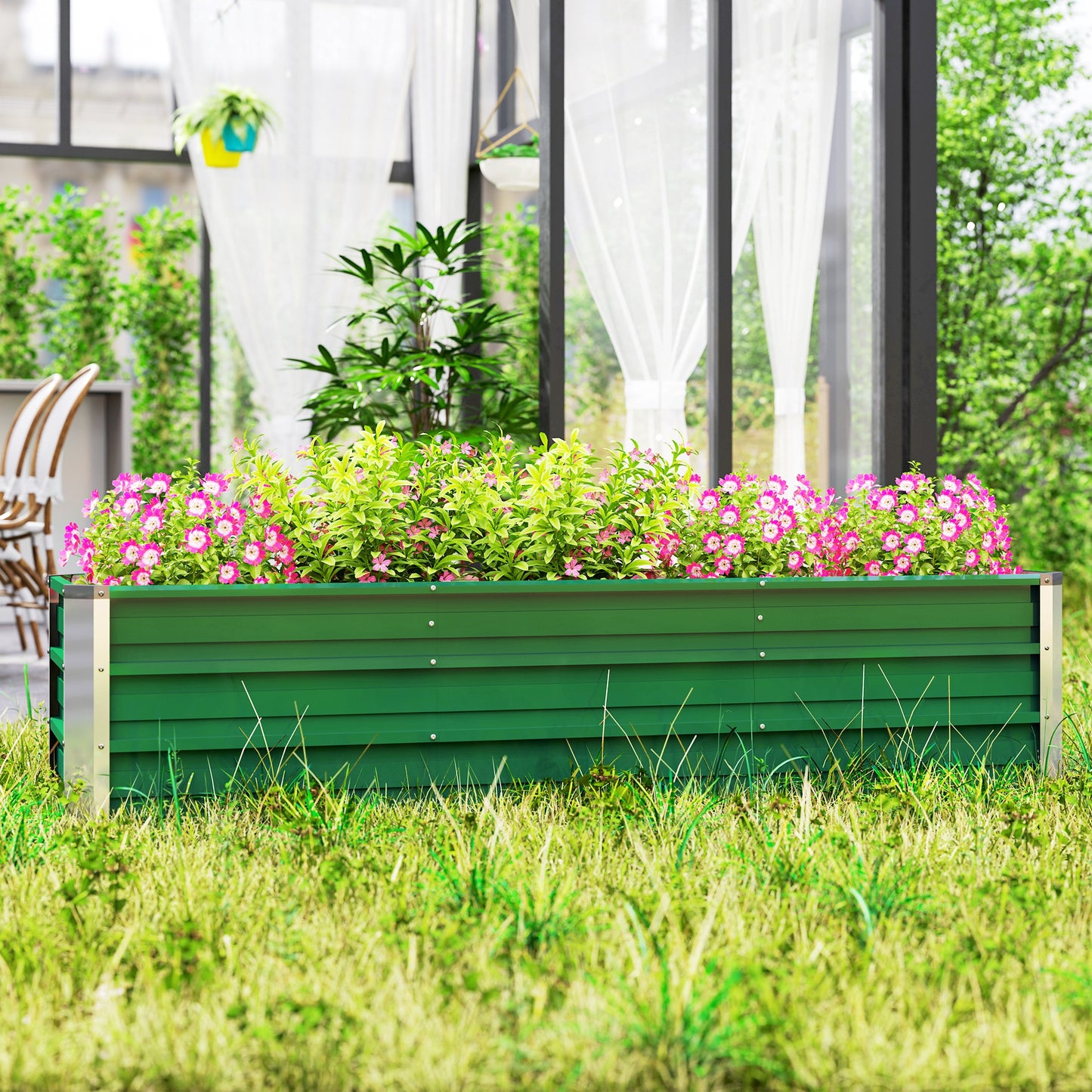Garden bed planter box made of steel 183 x 47 x 40 cm with gloves, green, for vegetables and flowers
