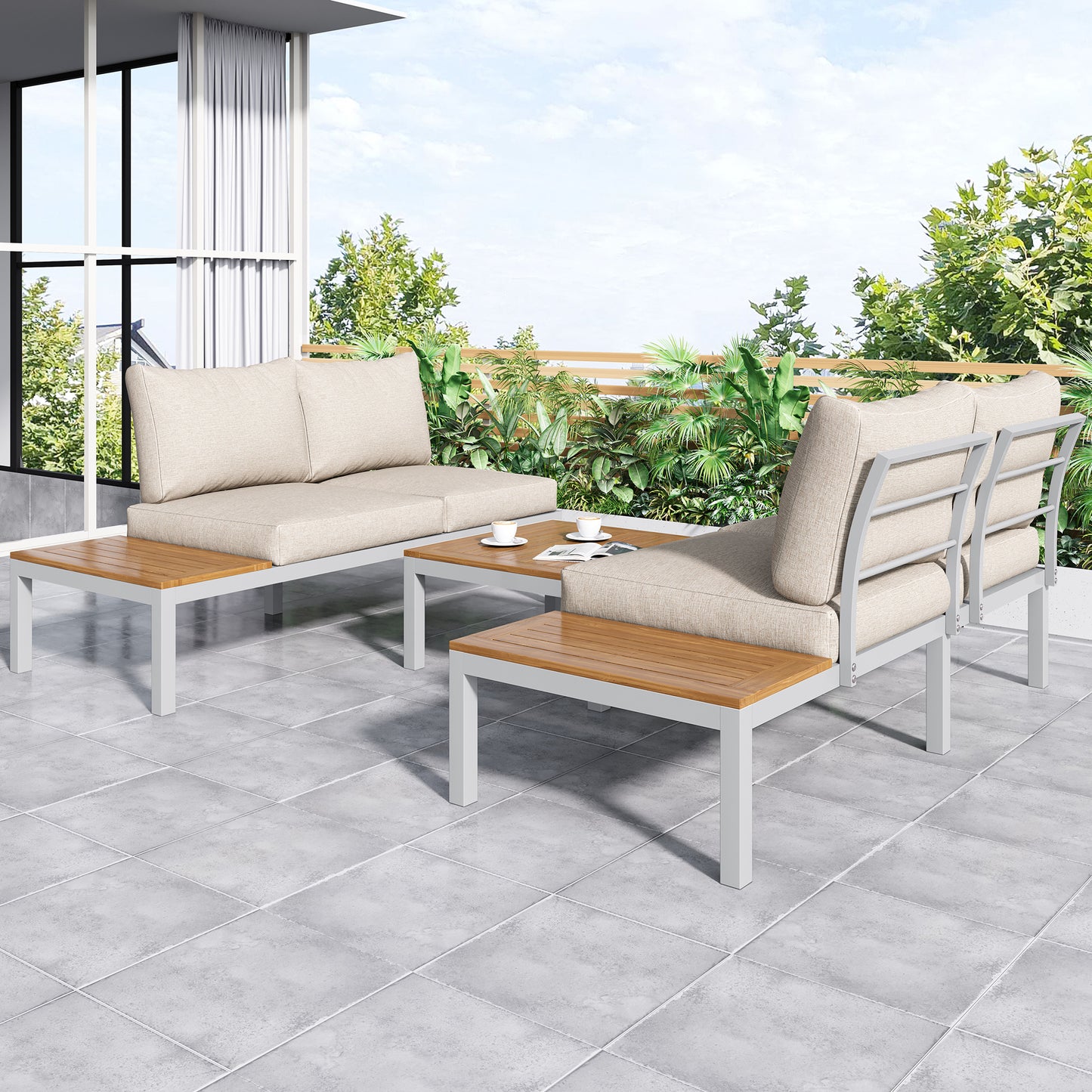 Garden lounge chair set, galvanized steel frame (2 double seats, 2 side tables, 1 table), acacia top, fabric back cover