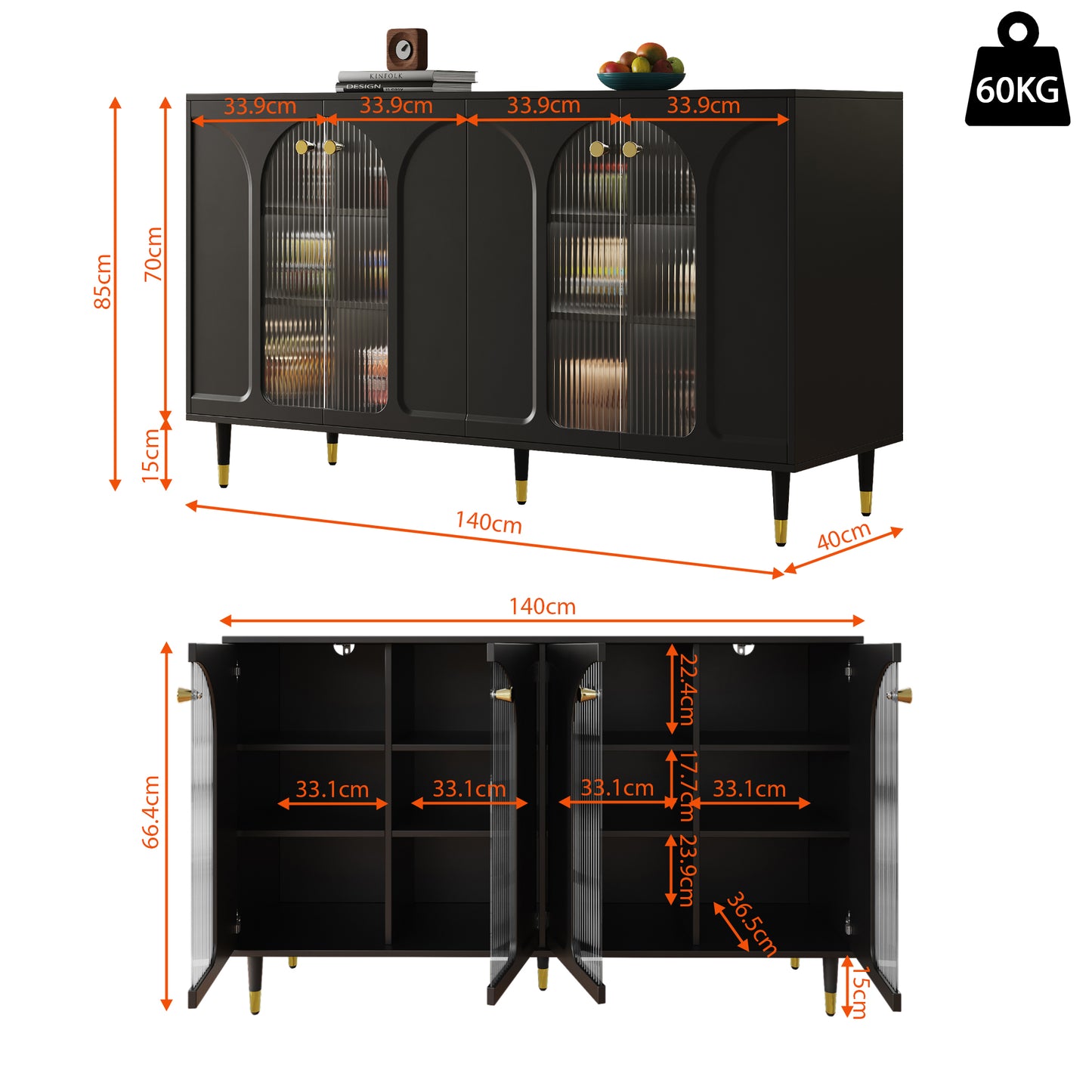 Modern and Simple Black Sideboard with Changhong Glass Door (140 x 40 x 85 cm)